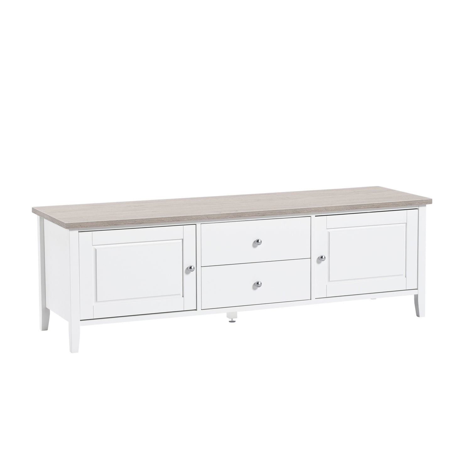 Valkoinen Saara-sarjan tv-taso valkosaarninvärisellä kansilevyllä. Monikäyttöisessä tasossa on sekä laatikko että kaappitilaa.