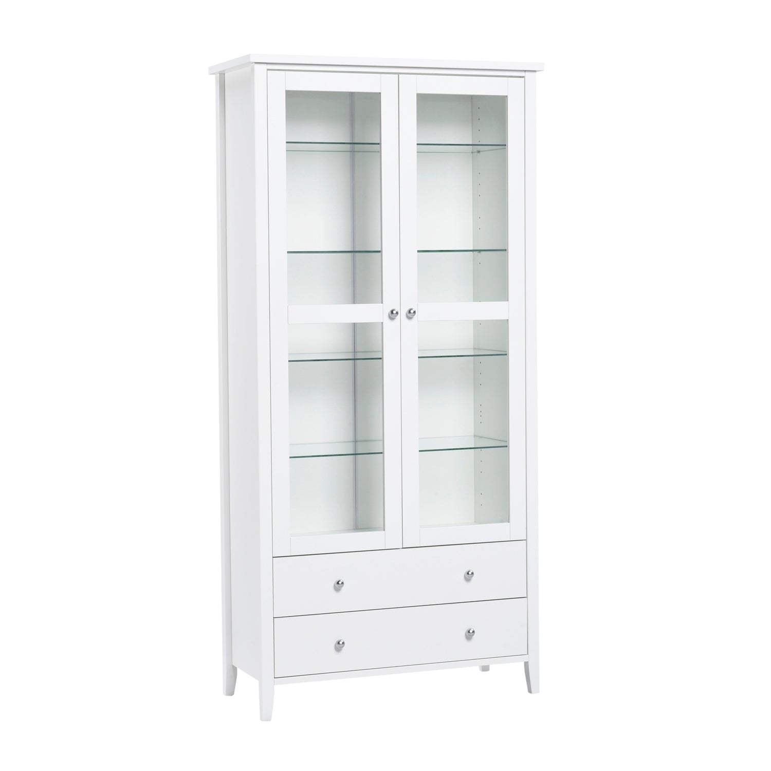 Kokovalkoinen Saara-sarjan vitriini lasihyllyillä. Monikäyttöisessä vitriinissä on sekä lasikaappi että laatikkotilaa.