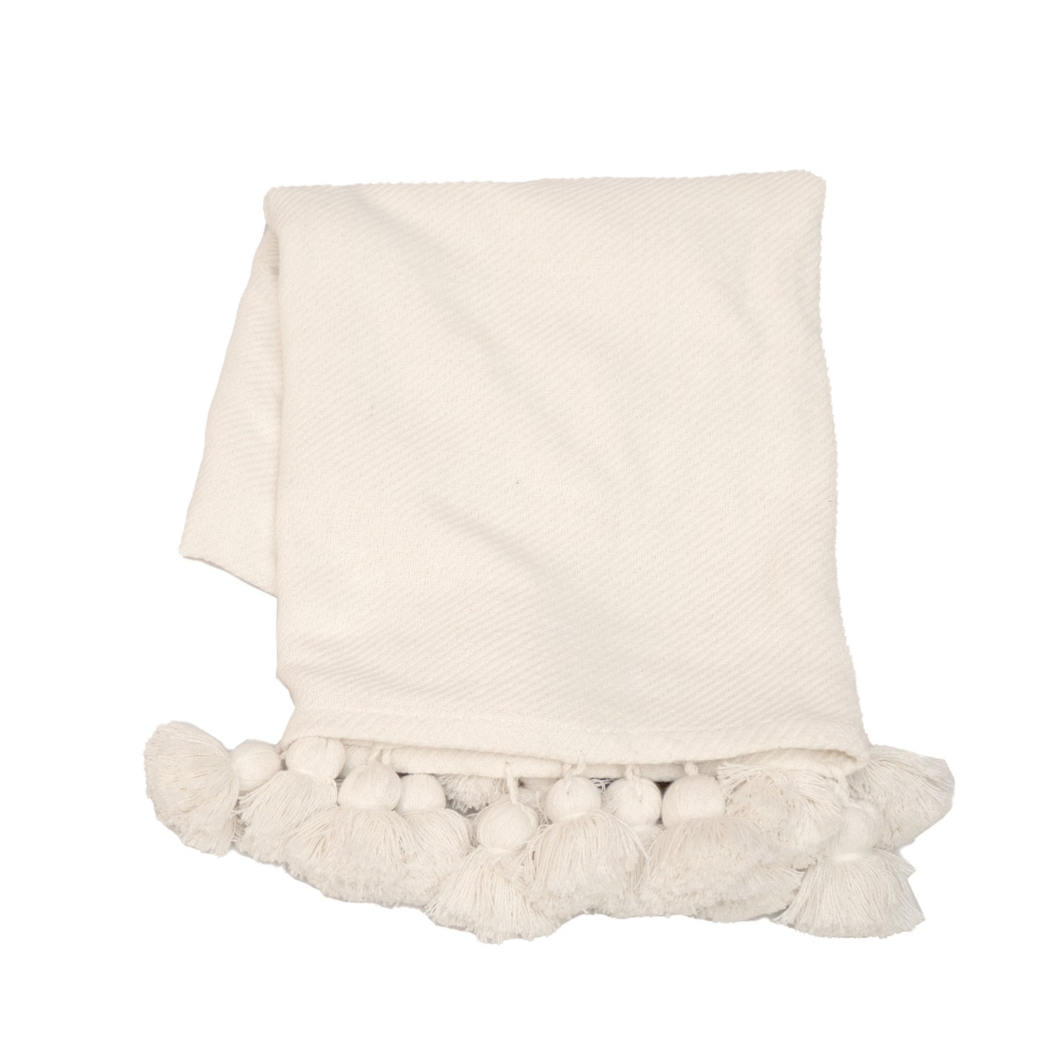 Sävel Tupsu-torkkupeitto väriltään valkoisena ja sen päädyissä on tupsut.