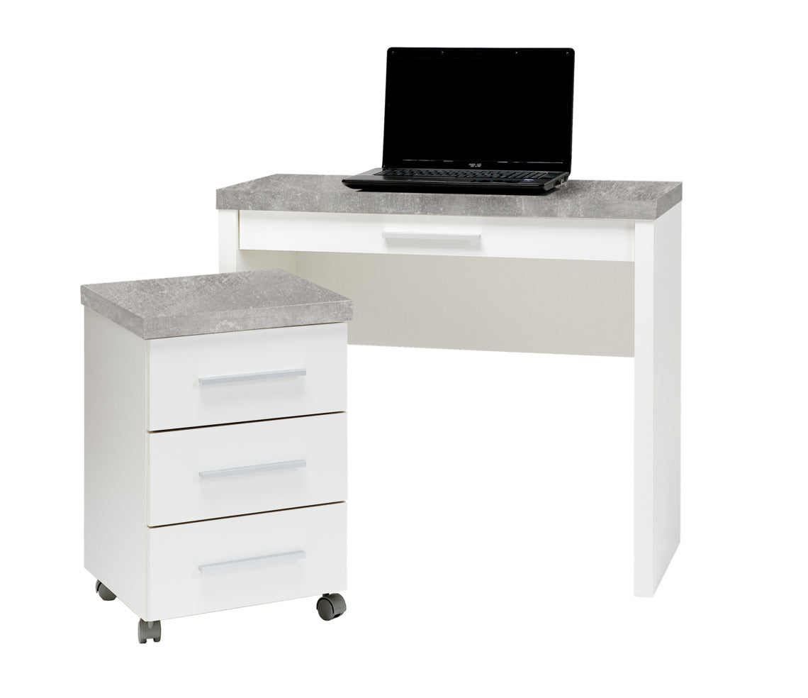 Shape-sarjan kapea työpöytä laatikolla, sekä laatikosto. Kuvan työpisteen kalusteet ovat pääväriltään valkoisia ja niiden kannet ovat harmaan betoninvärisiä.