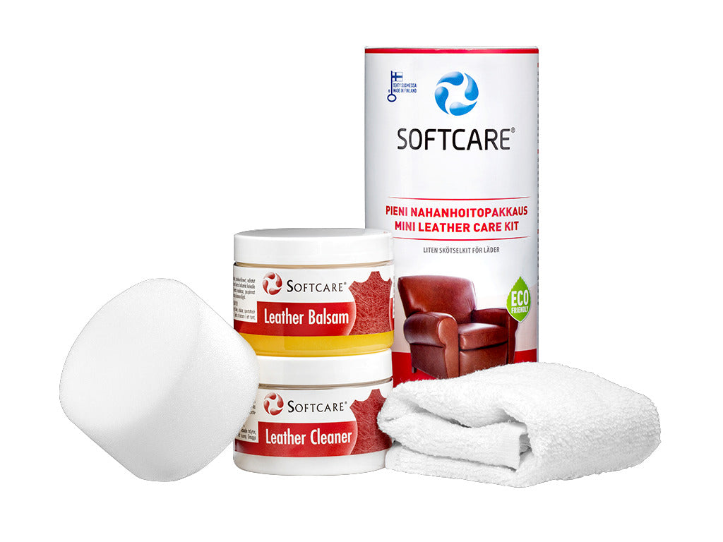 Pieni nahanhoitopakkaus sisältää Softcare-tuotteet Nahkapesuaine, sekä Nahkabalsami.