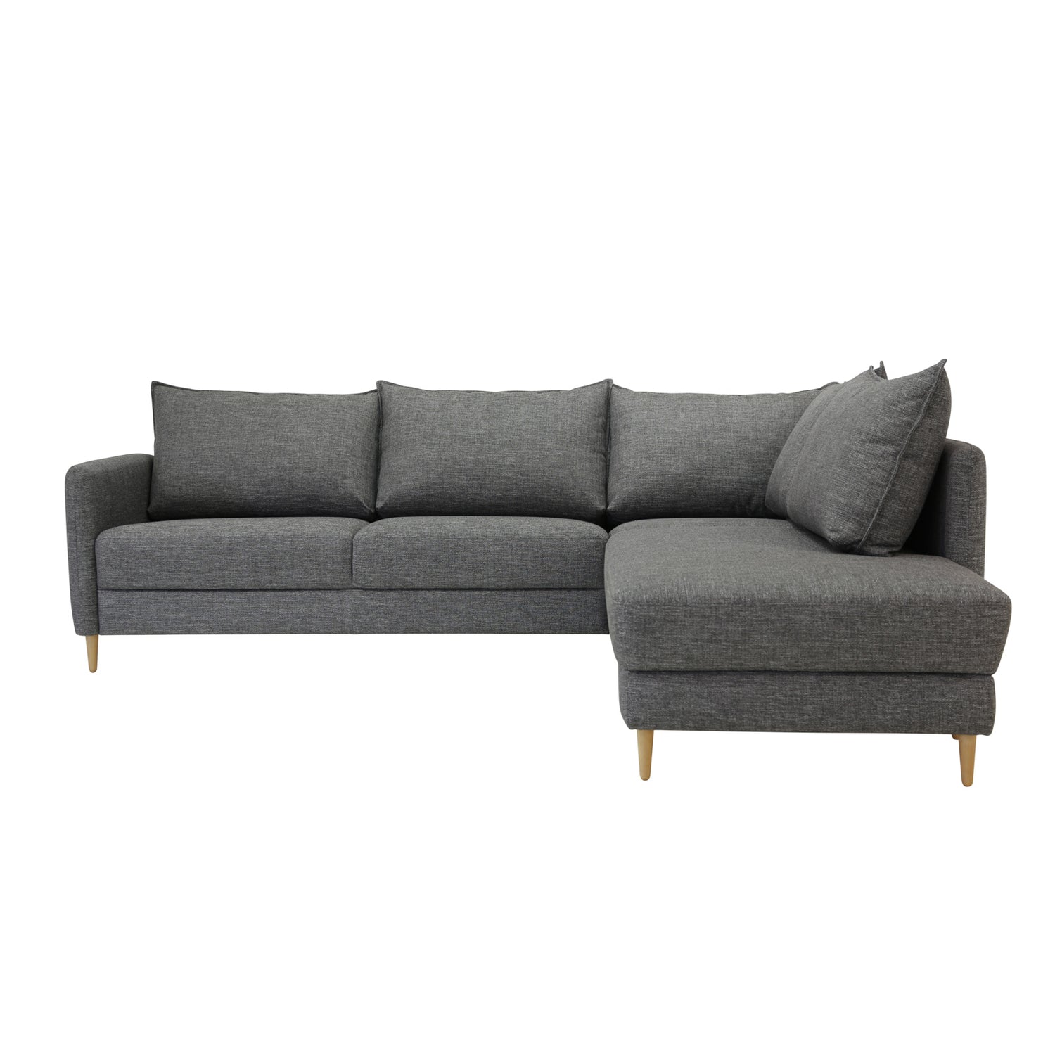 Stockholm-avokulmavuodesohva tummanharmaalla Altamura 199 -kankaalla ja oikeanpuoleisella kulmaosalla. Sohvassa on 12 cm korkeat luonnonväriset tammijalat.