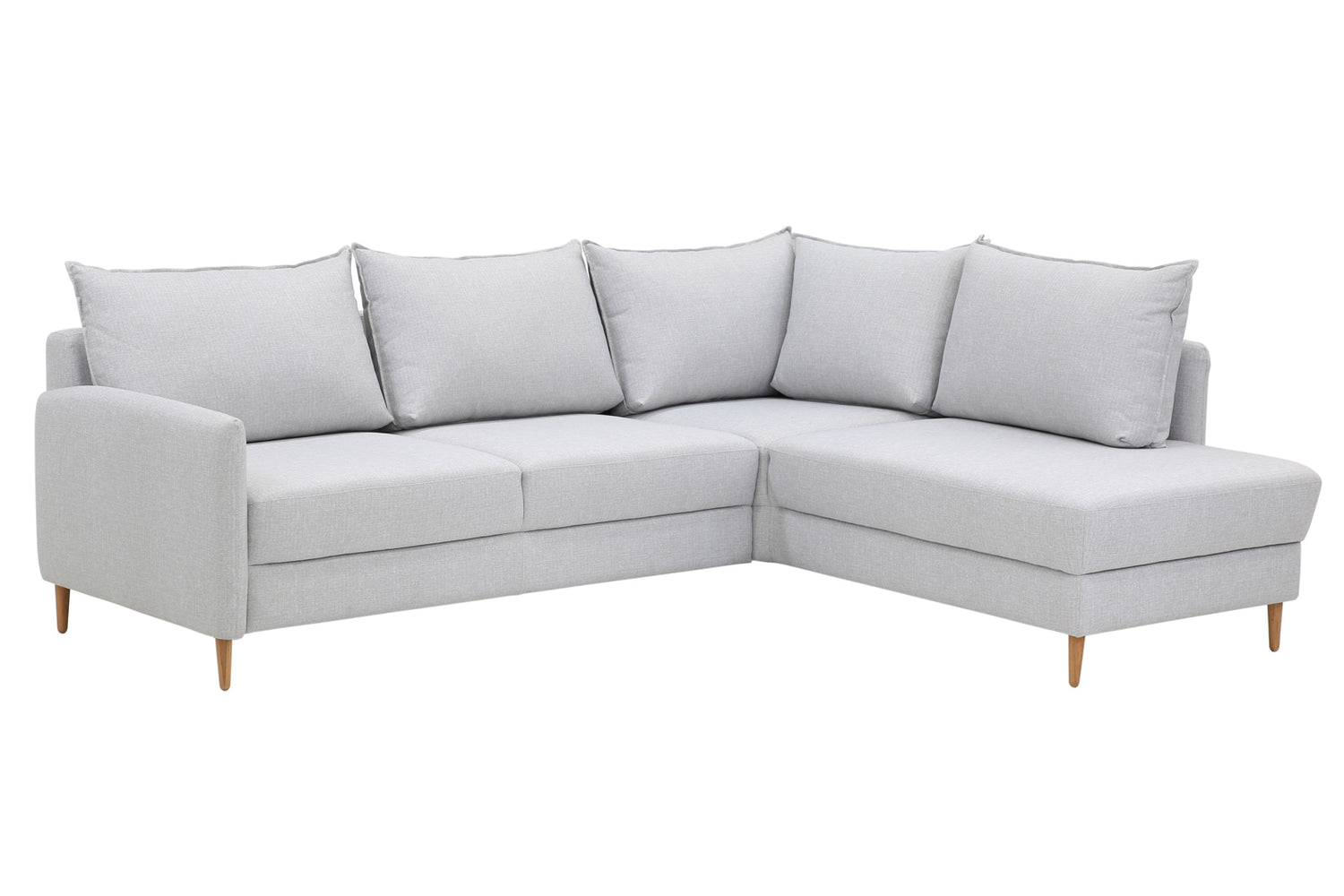 Stockholm-avokulmavuodesohva vaaleanharmaalla Stark 607 -kankaalla ja oikeanpuoleisella kulmaosalla. Sohvassa on 12 cm korkeat luonnonväriset tammijalat.