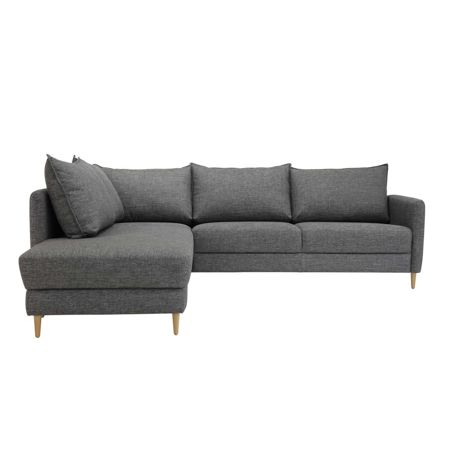 Stockholm-avokulmavuodesohva tummanharmaalla Altamura 199 -kankaalla ja vasemmanpuoleisella kulmaosalla. Sohvassa on 12 cm korkeat luonnonväriset tammijalat.