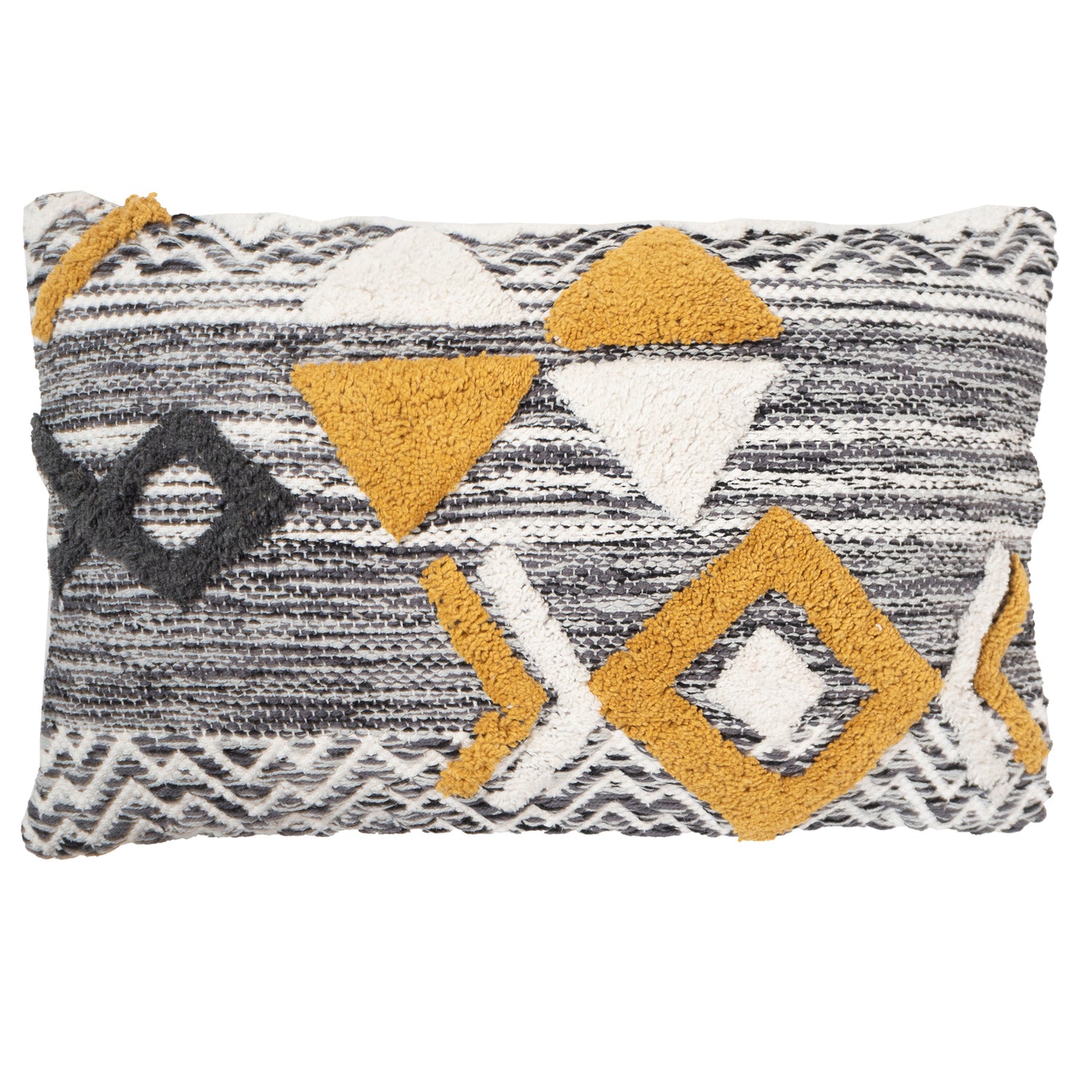 Harmaapohjaiseen Tico-koristetyynyyn tuovat ilmettä valkoiset, harmaat ja okransävyiset kuviot.