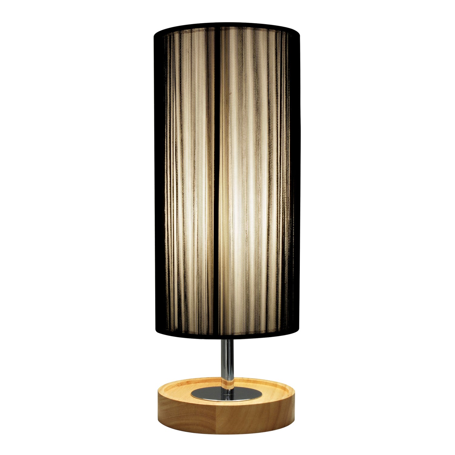 Toledo-pöytävalaisin mustalla lankavarjostimella ja saarni/kromi-jalalla. Kuvan valaisimessa on valo päällä.