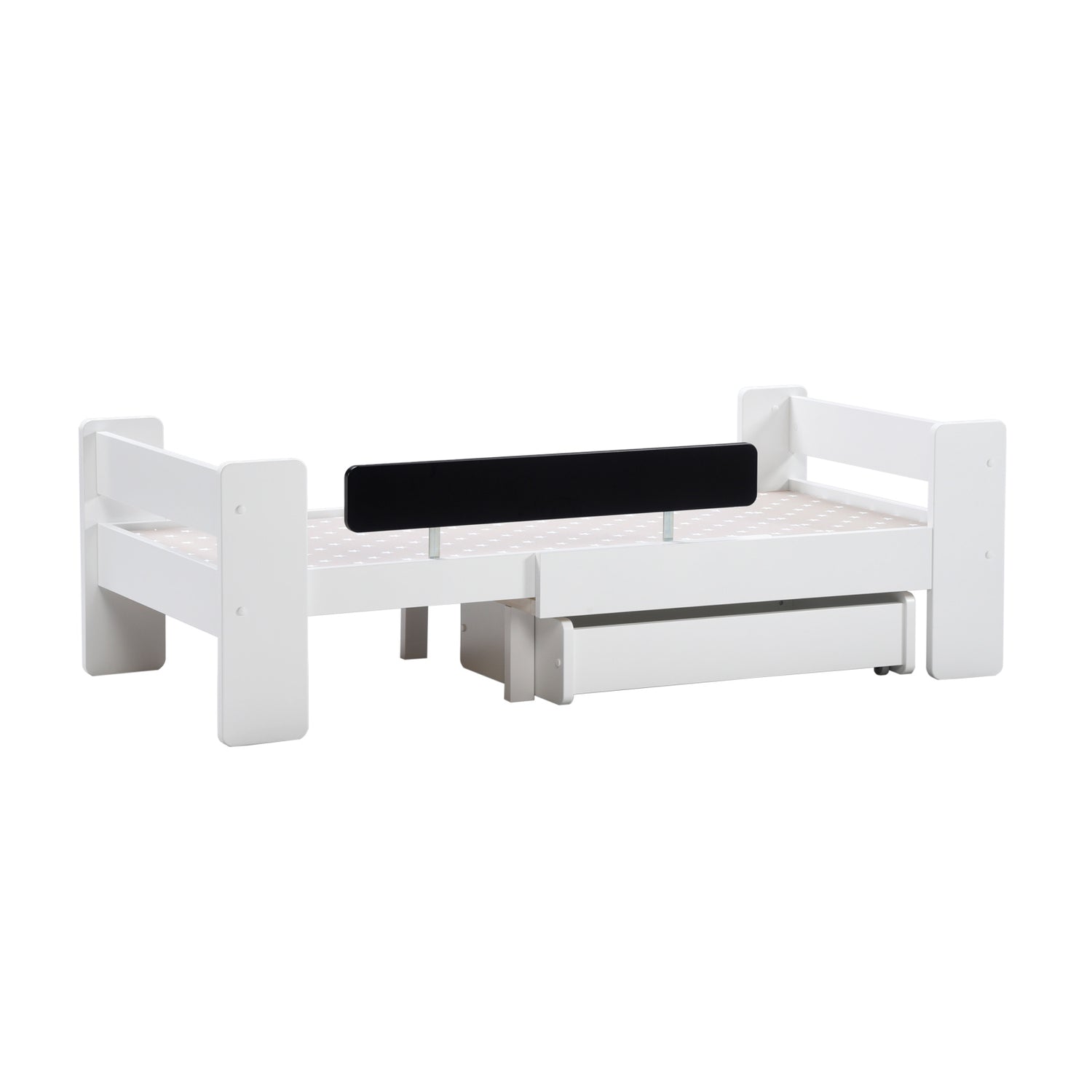 Kuvassa on jatkettava valkoinen Unipuu-sänky ja lisävarusteena myytävät sängynaluslaatikko ja musta turvalaita.