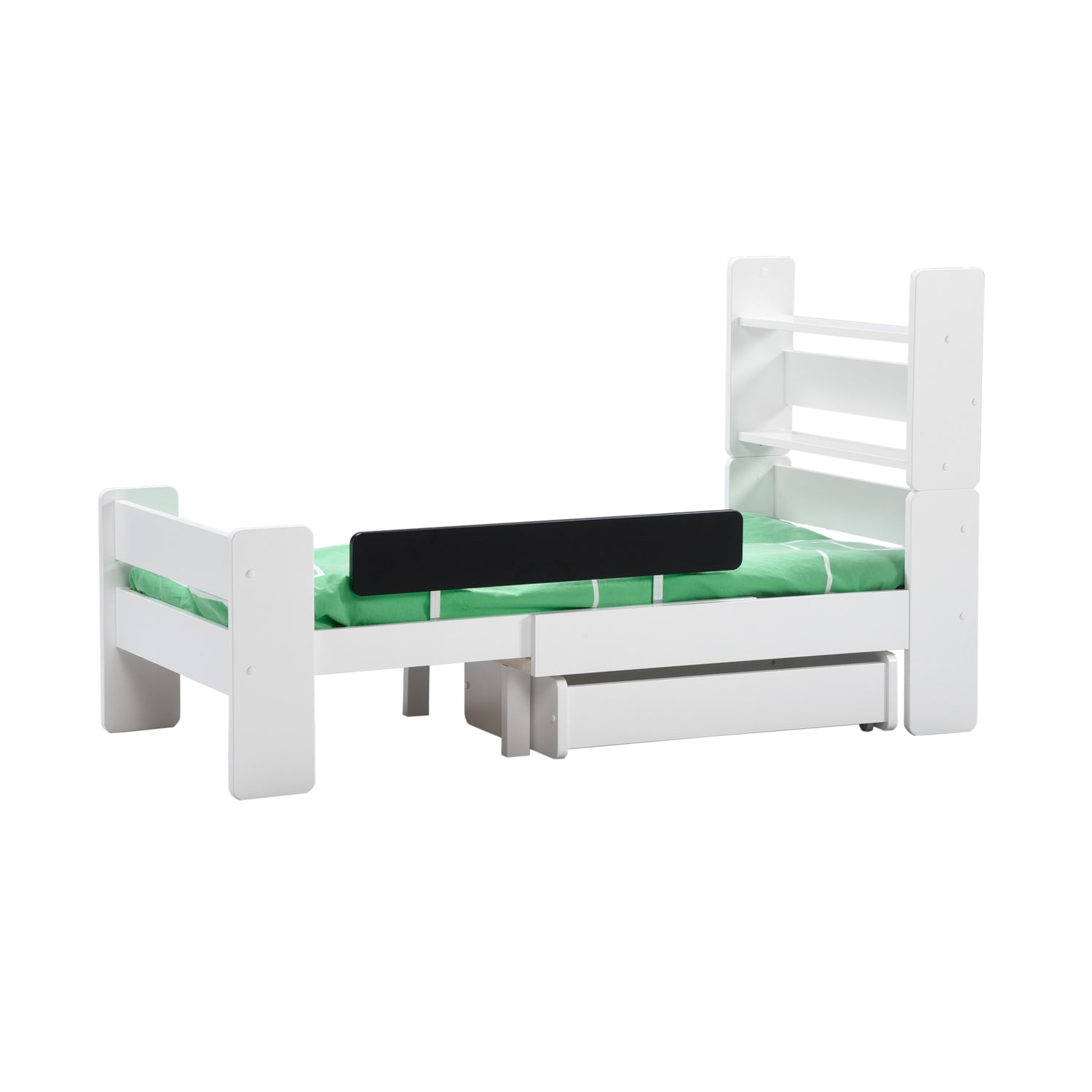 Kuvassa on jatkettava valkoinen Unipuu-sänky ja lisävarusteena myytävät hylly, sängynaluslaatikko ja musta turvalaita. Patja ja petivaatteet myydään erikseen.