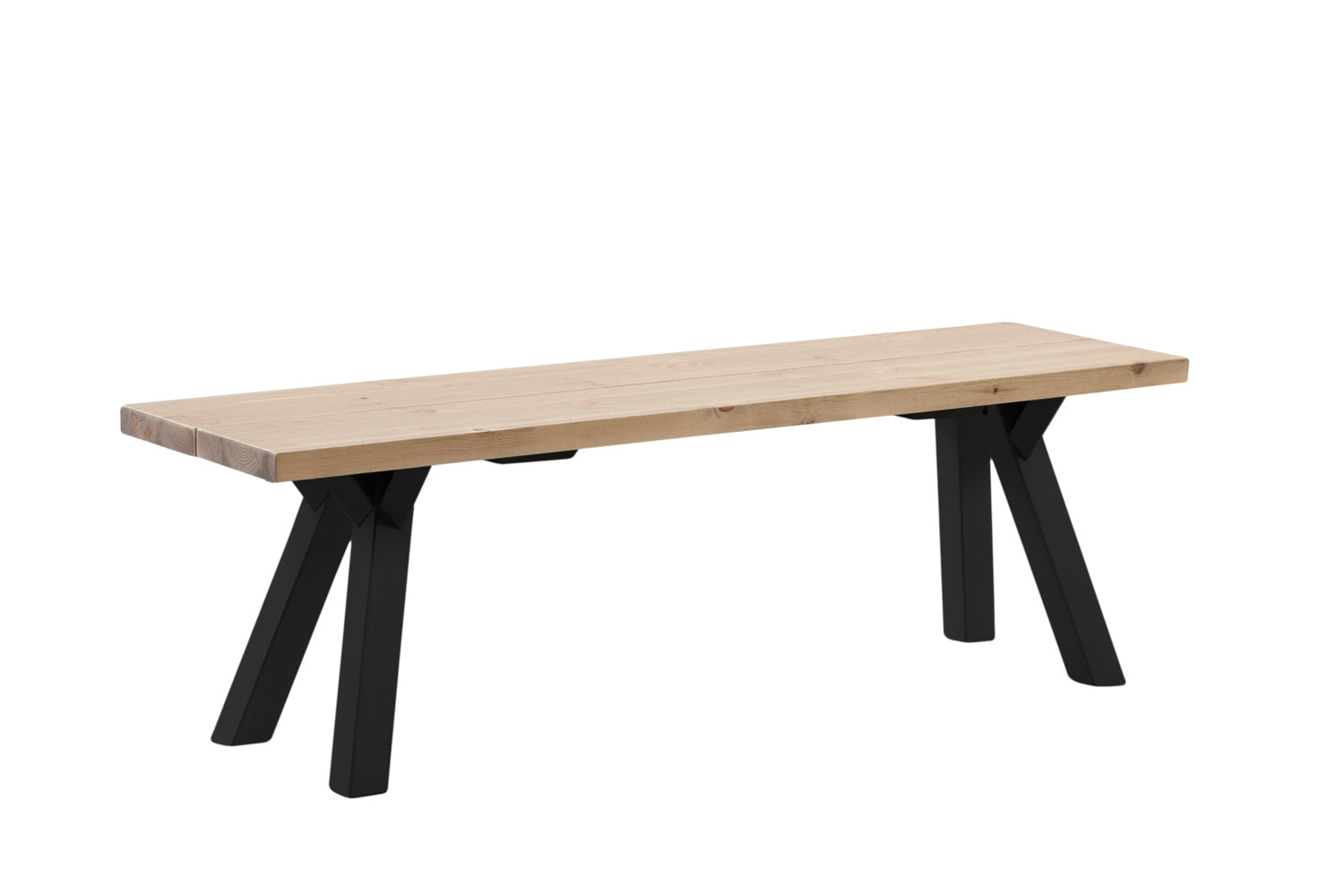 Venla-penkki 150 cm antiikinruskealla mäntyistuimella ja mustilla puujaloilla.