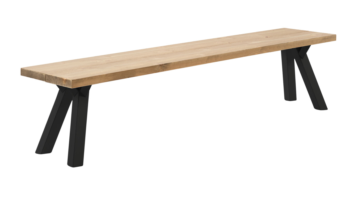 Venla-penkki 200 cm antiikinruskealla mäntyistuimella ja mustilla puujaloilla.