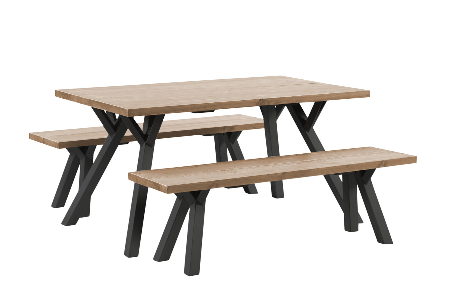 Venla-lankkupöytä 150 x 90 cm ja kaksi 150 cm Venla-penkkiä antiikinruskealla kansivärillä ja mustilla puujaloilla.