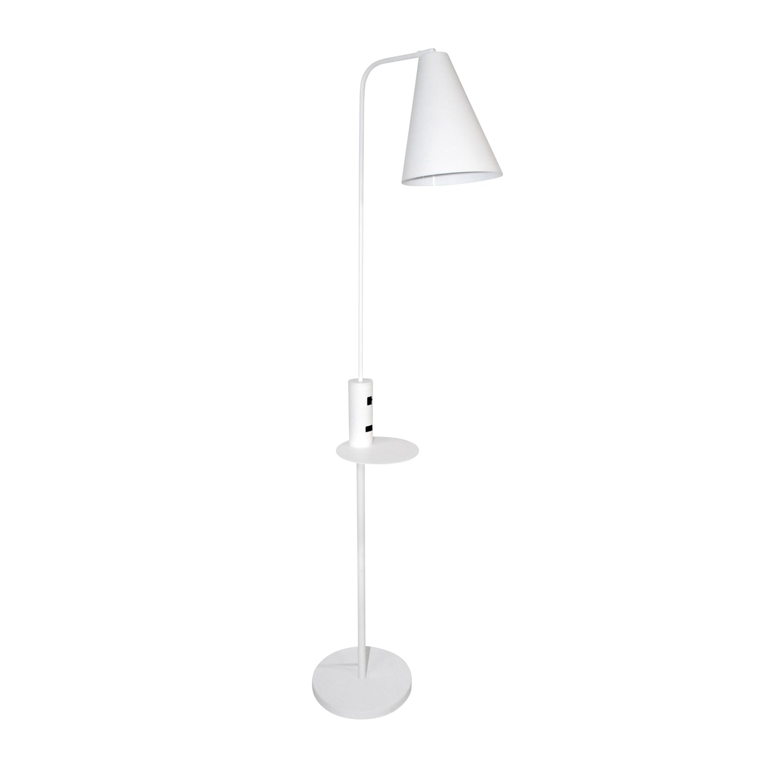 Valkoinen Vigo USB -lattiavalaisin. Valaisimessa on mobiililaitteen latauksen mahdollistavat USB-latausportti ja hylly puhelimen latausta varten.