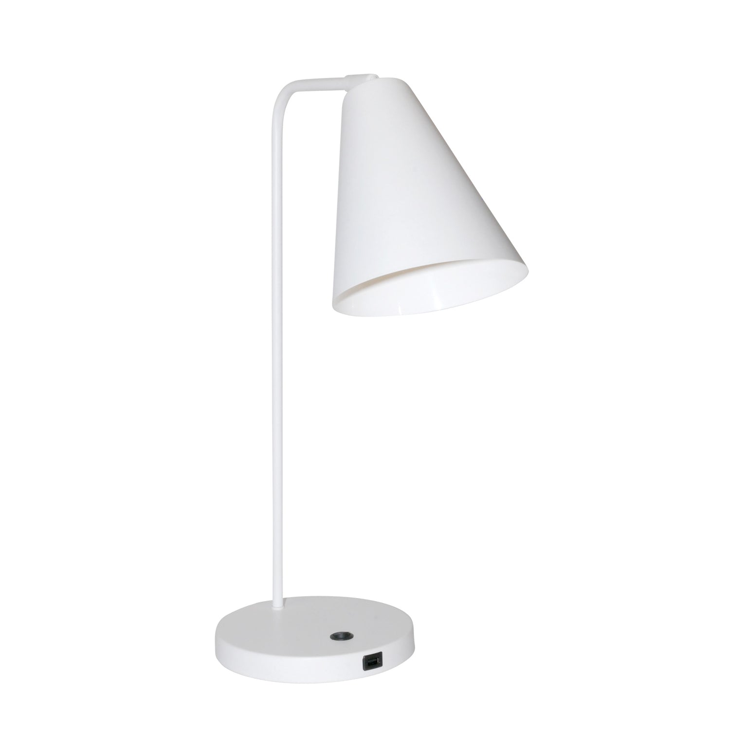 Valkoinen Vigo USB -pöytävalaisin. Valaisimessa on mobiililaitteen latauksen mahdollistava USB-latausportti.