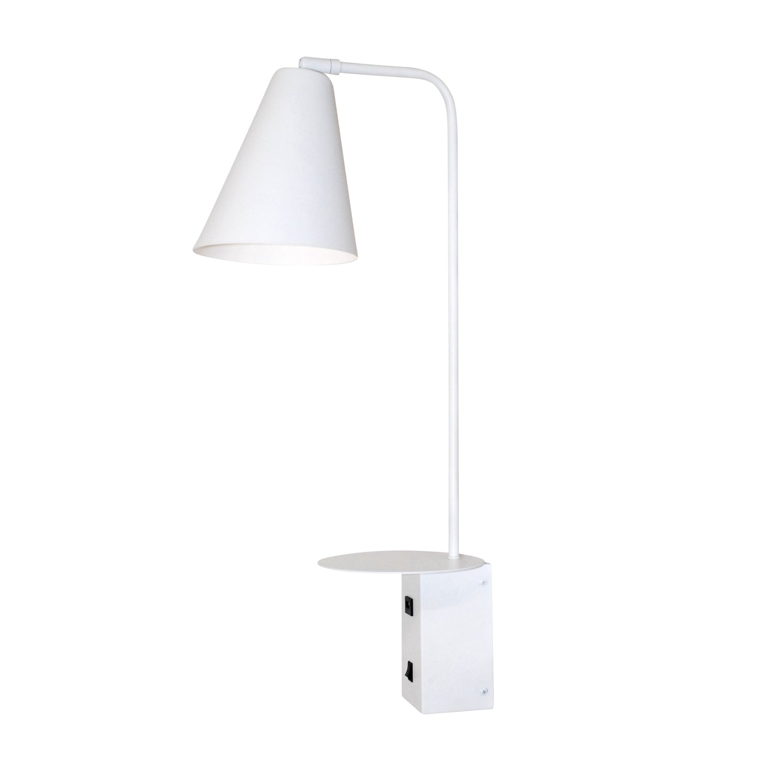 Valkoinen Vigo USB -seinävalaisin. Valaisimessa on mobiililaitteen latauksen mahdollistavat USB-latausportti ja hylly puhelimen latausta varten.