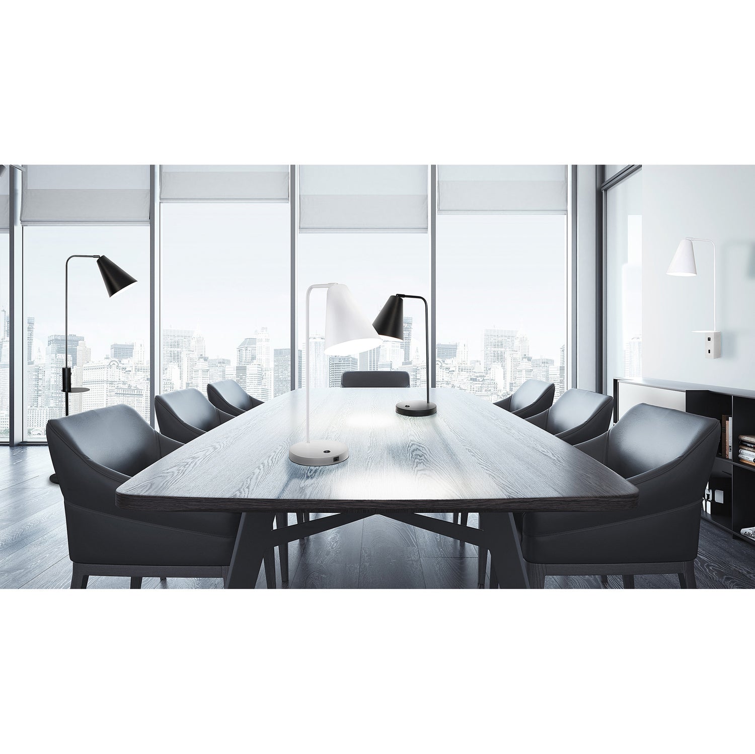 Vigo USB -valaisimista on moneksi. Kuvassa on mustat ja valkoiset lattia-, seinä- ja pöytävalaisimet neuvottelutilan valaisimina. Kätevistä valaisimista on helppo ladata mobiililaitteet.