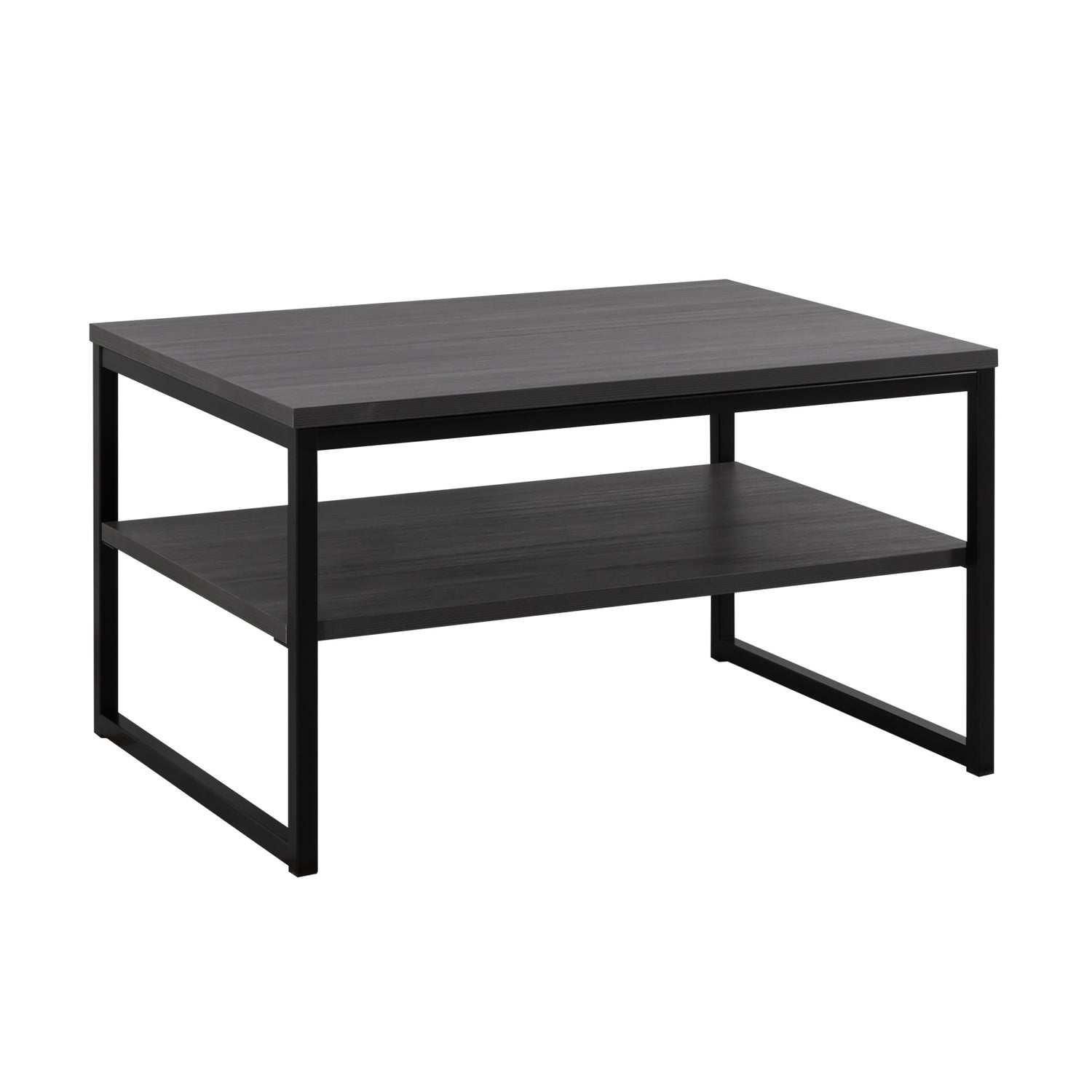 Viiva-sohvapöytä antrasiitinvärisellä kansi- ja hyllylevyllä, sekä mustilla jaloilla.