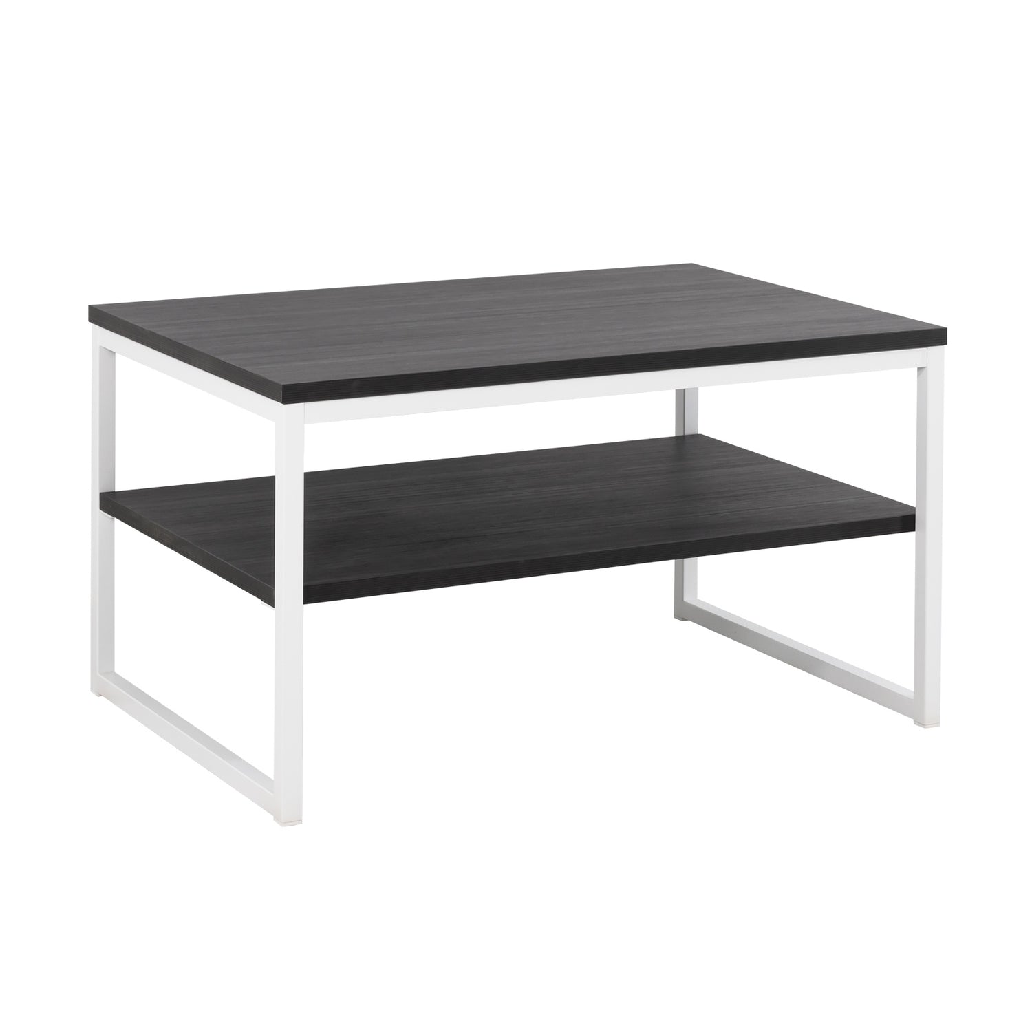 Viiva-sohvapöytä antrasiitinvärisellä kansi- ja hyllylevyllä, sekä valkoisilla jaloilla.