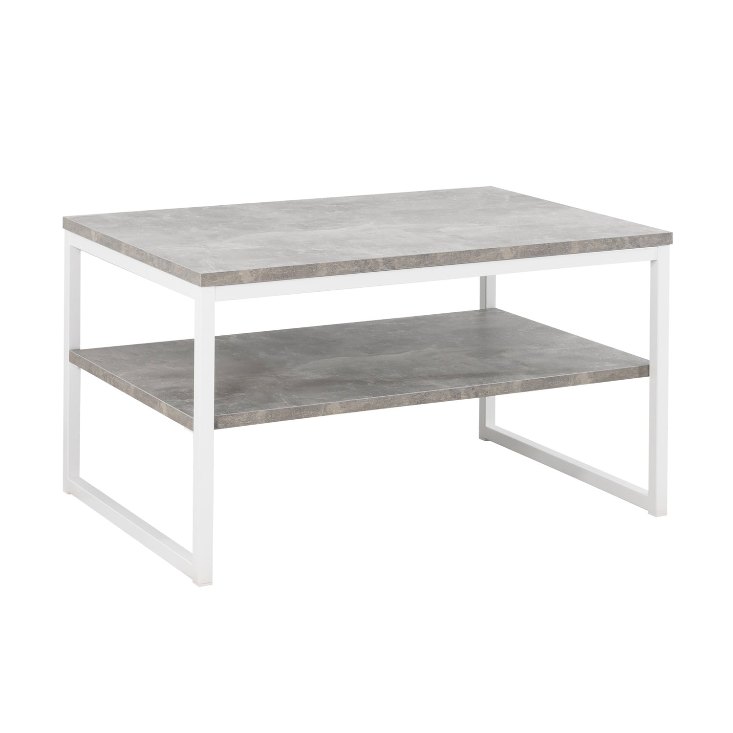 Viiva-sohvapöytä harmaalla kansi- ja hyllylevyllä, sekä valkoisilla jaloilla.