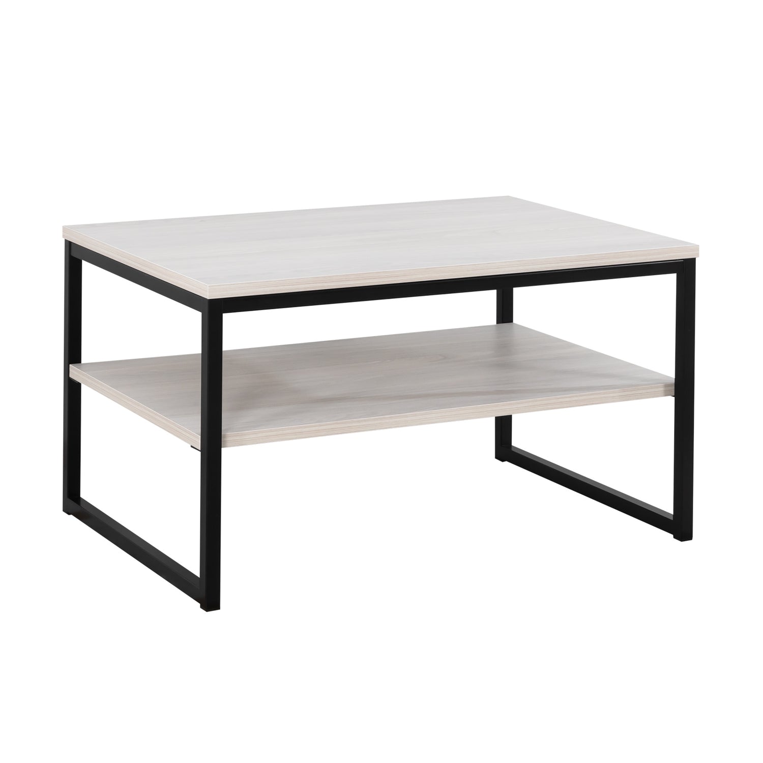 Viiva-sohvapöytä valkosaarnin värisellä kansi- ja hyllylevyllä, sekä mustilla jaloilla.