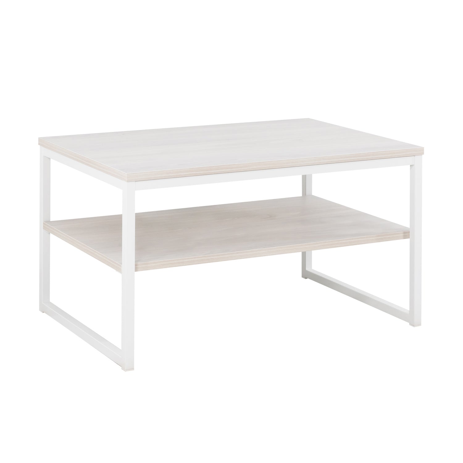 Viiva-sohvapöytä valkosaarnin värisellä kansi- ja hyllylevyllä, sekä valkoisilla jaloilla.