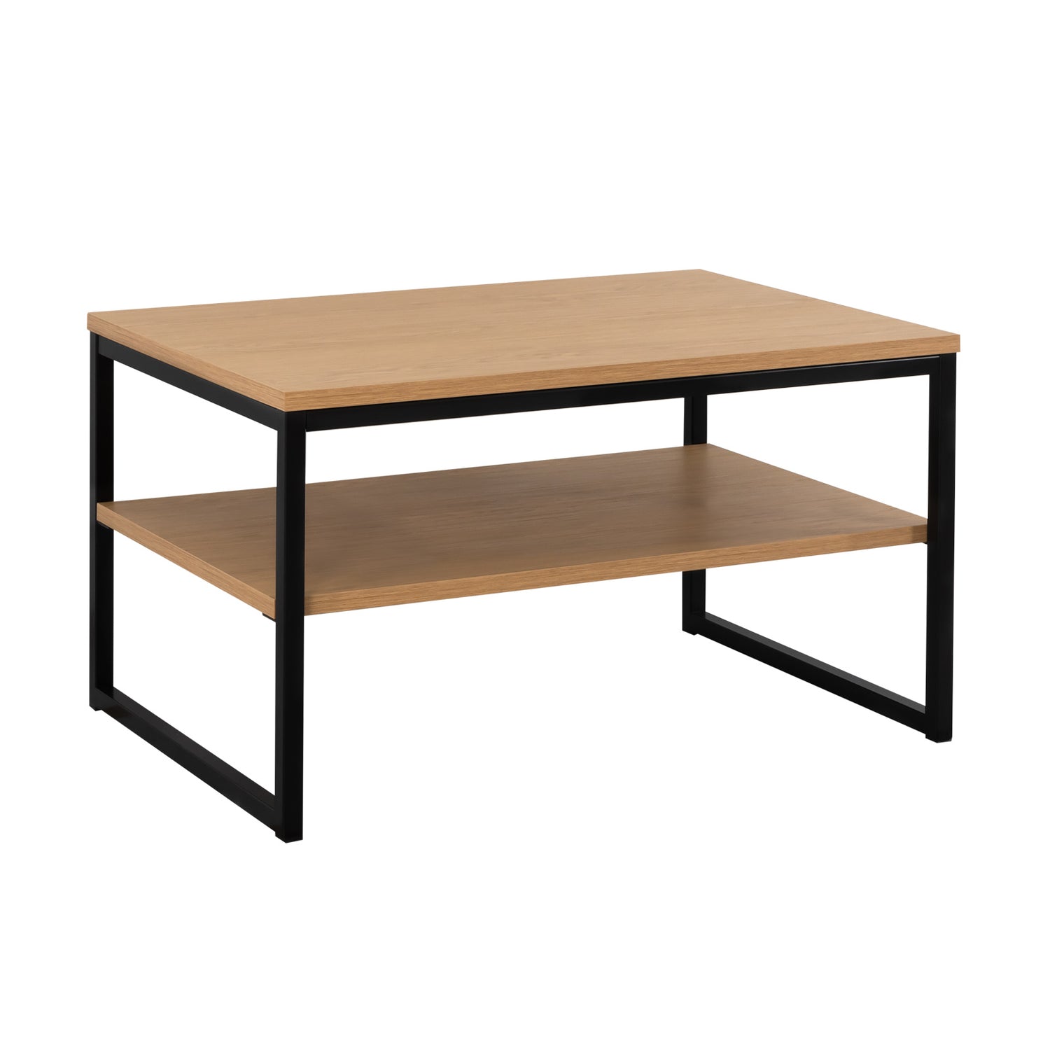 Viiva-sohvapöytä tammen värisellä kansi- ja hyllylevyllä, sekä mustilla jaloilla.