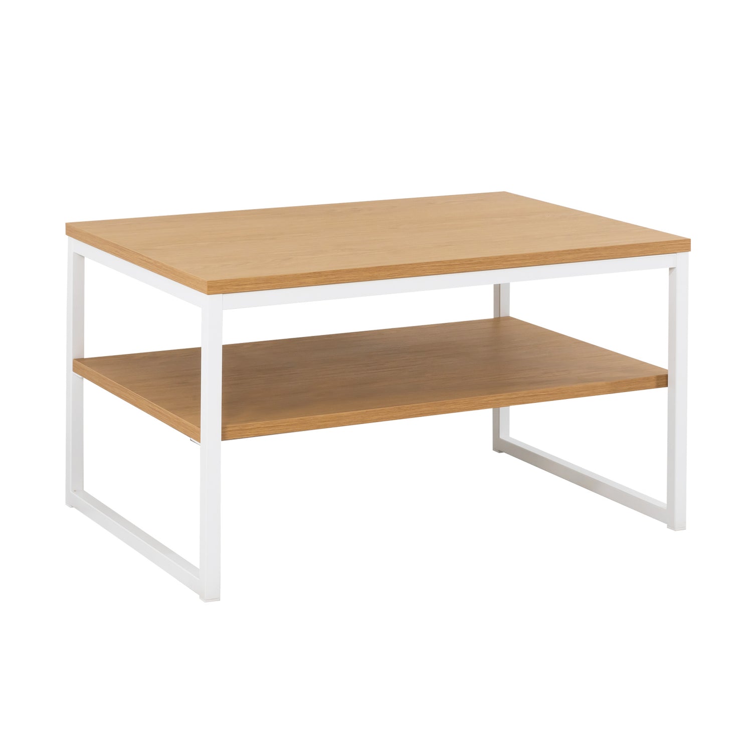 Viiva-sohvapöytä tammen värisellä kansi- ja hyllylevyllä, sekä valkoisilla jaloilla.