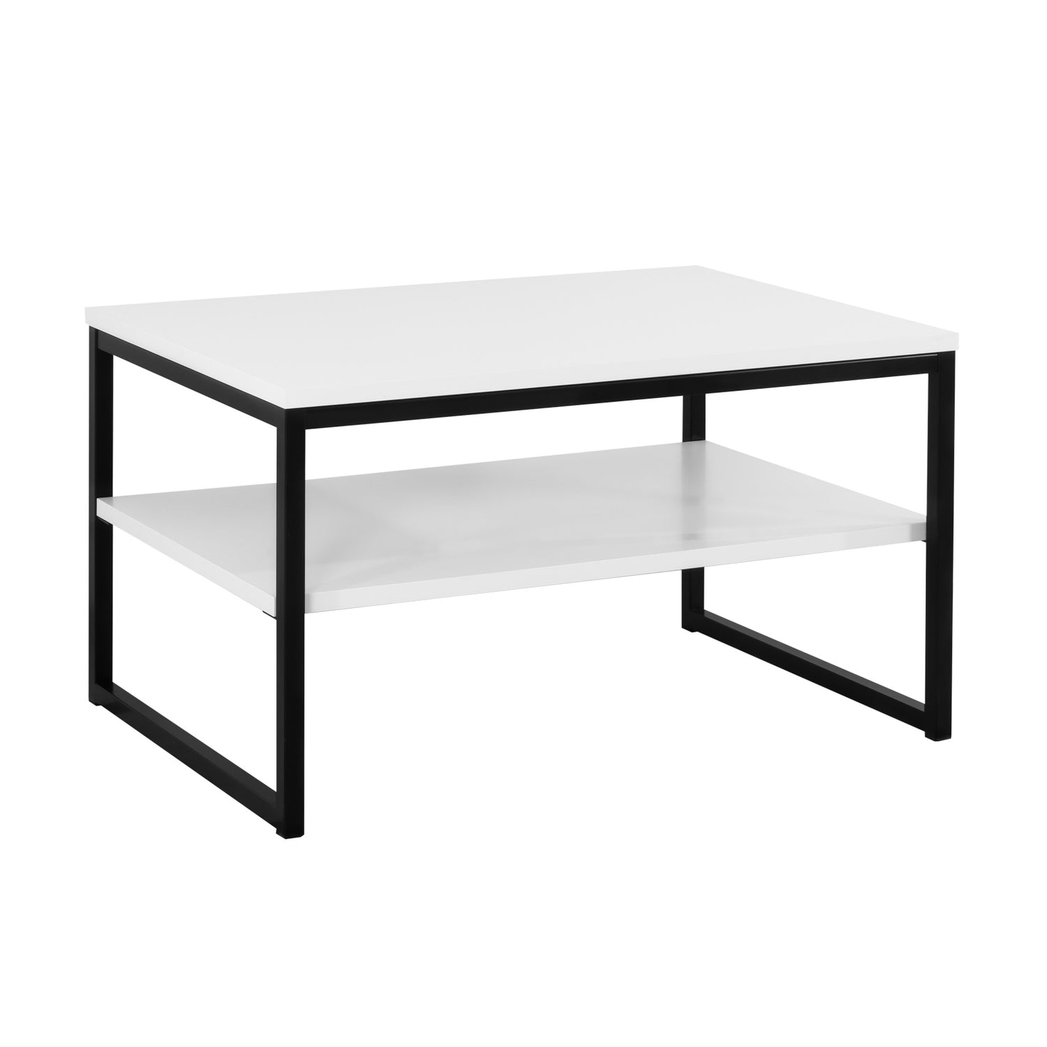 Viiva-sohvapöytä valkoisella kansi- ja hyllylevyllä, sekä mustilla jaloilla.