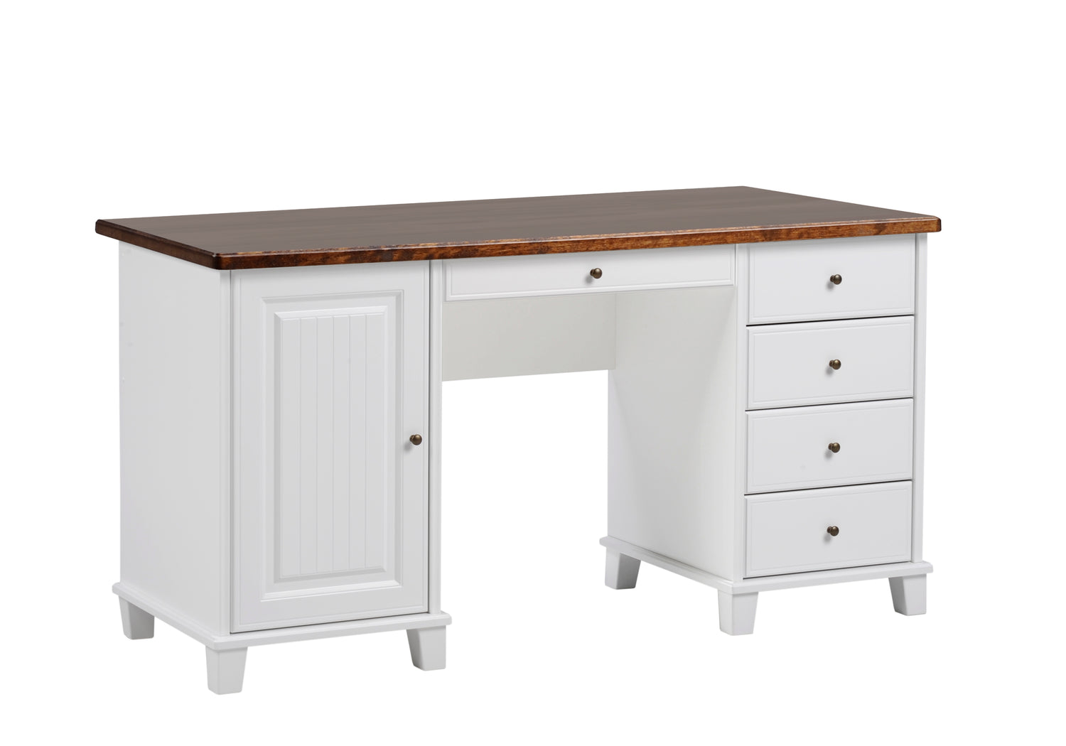 Valkoinen Aada-kirjoituspöytä ruskealla kannella.