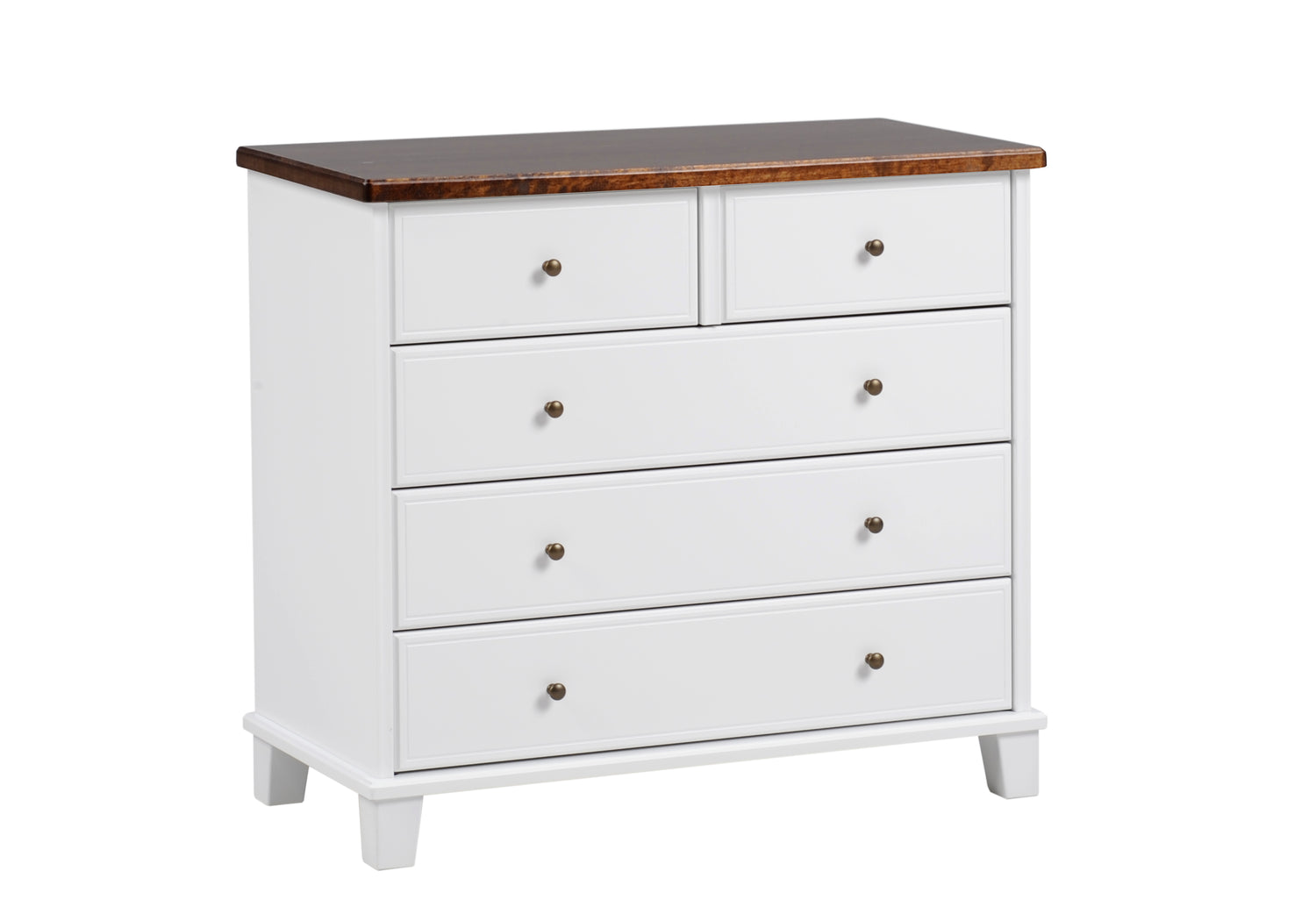 Leveä valkoinen Aada-lipasto ruskealla kannella.