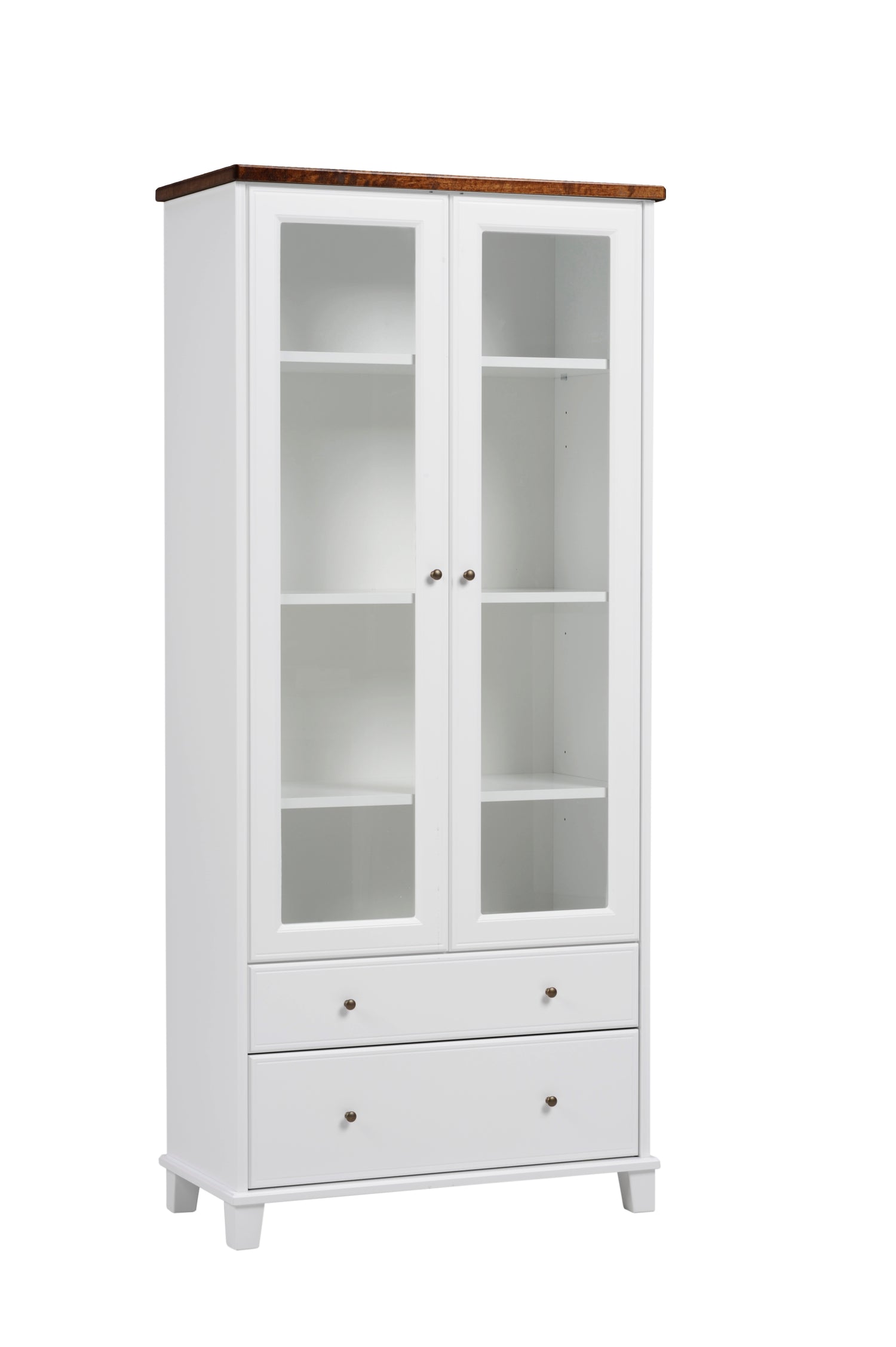 Leveä Aada-vitriini ruskealla kannella.