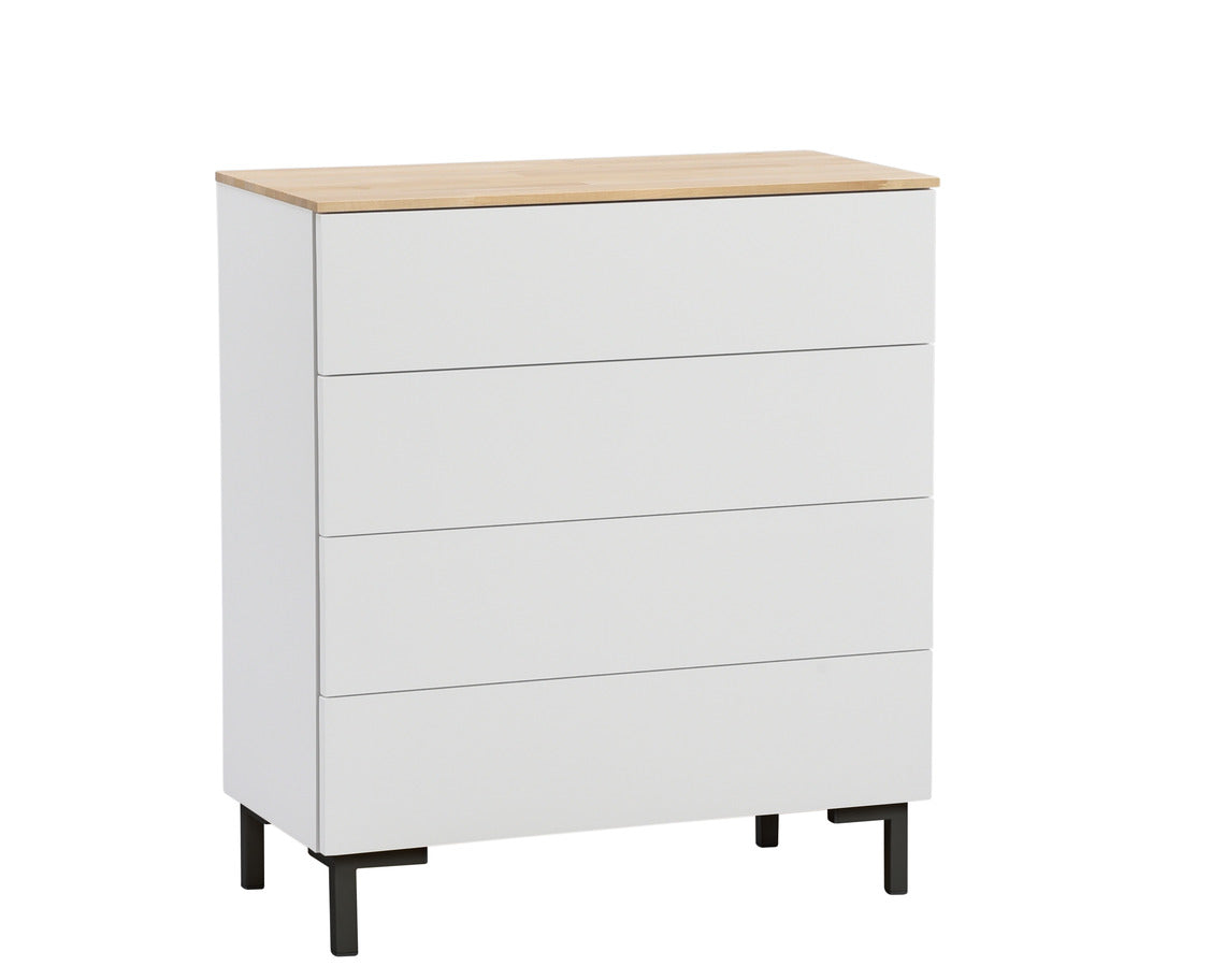 Helsinki-lipasto mustilla metallijaloilla, joiden korkeus on 12 cm. Lipaston pääväri on valkoinen ja kansi on luonnonvärinen koivu.