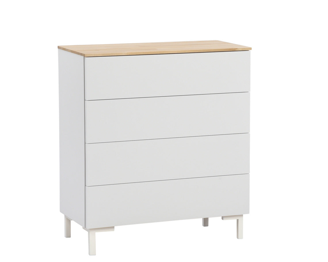 Helsinki-lipasto valkoisilla metallijaloilla, joiden korkeus on 12 cm. Lipaston pääväri on valkoinen ja kansi on luonnonvärinen koivu.