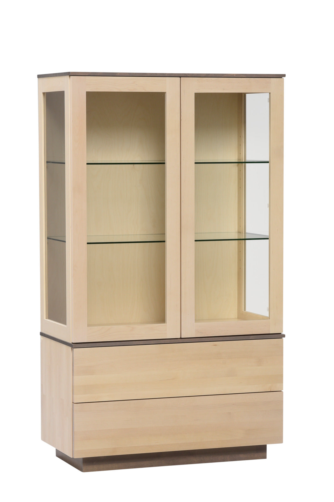 Helsinki-sarjan vitriinin pääväri on luonnonvärinen koivu, kannet ja sokkelijalka ovat harmaat.