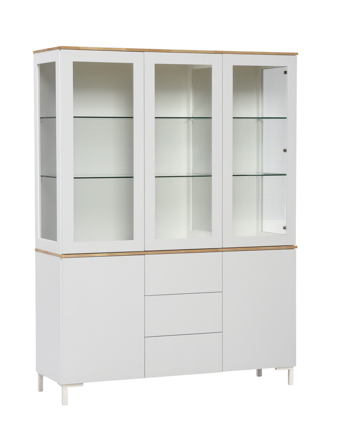 Helsinki-vitriinin pääväri on valkoinen, ylä- ja alaosien kansilevyt ovat luonnonväristä koivua. Vitriinissä on valkoiset metallijalat.