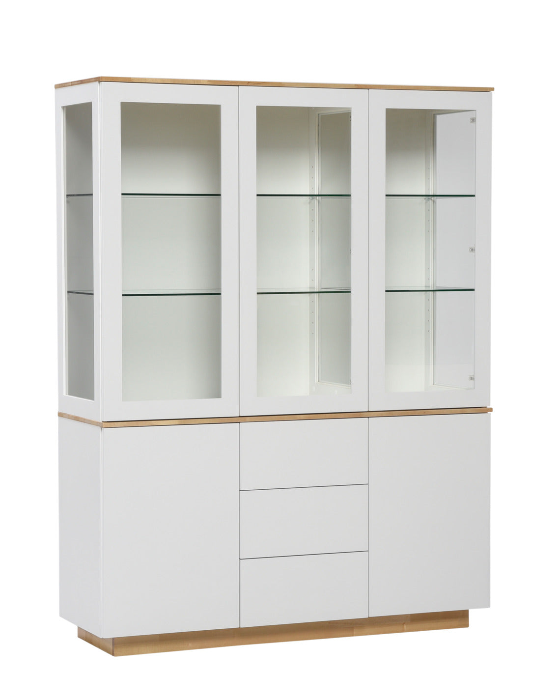 Helsinki-vitriinin pääväri on valkoinen, kansilevy ja sokkeli ovat luonnonväristä koivua.