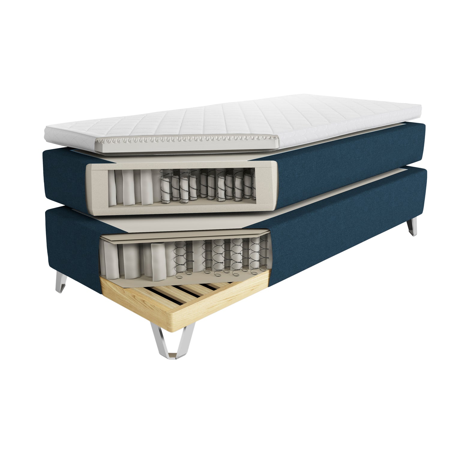 Jensen Opal -jenkkisängyn läpileikkauskuva. Kuvassa näkyy sijauspatja, Innergetic latex 3 cm (pehmeämpi puoli), vyöhykkeisiin jaettu Jensen Aloy® 2.1 Original -pussijousitus yläjousisistossa, Cellex 3 cm, Jensen Support -pussijousitus alajousistossa, sekä puurunko.