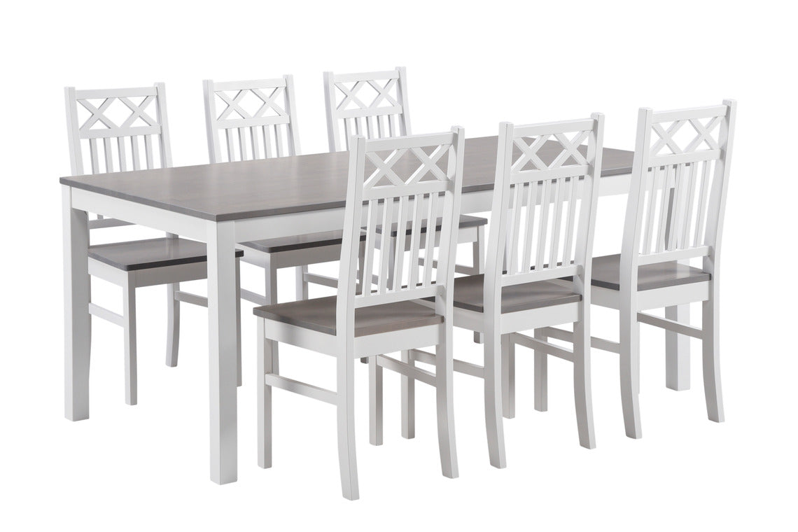 Metro-tuolit yhdistettynä 6 hengen Kaisla-pöydän kanssa, väri harmaa/valkoinen