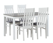 Kaisla-pöytä 130 cm valkoinen/harmaa sekä Kanerva-tuolit harmaalla istuinverhoilulla.