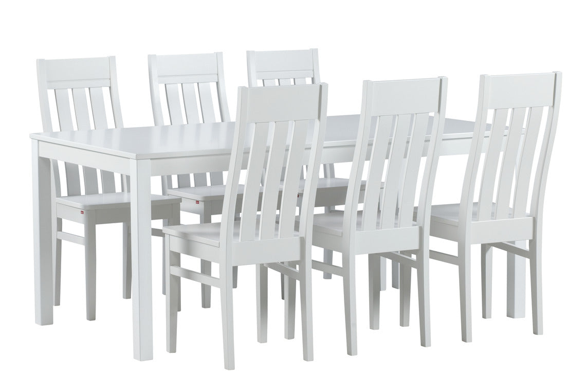 Kaisla/Kanerva 6 hengen ruokailuryhmä kokonaan valkoisena.