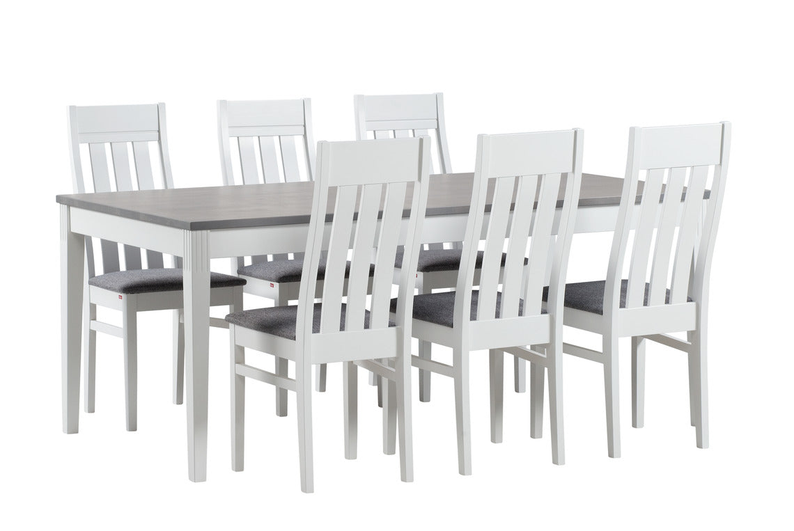 Kaisla/Kanerva 6 hengen ruokailuryhmä valkoharmaalla pöydällä ja harmailla Gusto 94 kangasverhoilluilla Kanerva-tuoleilla.