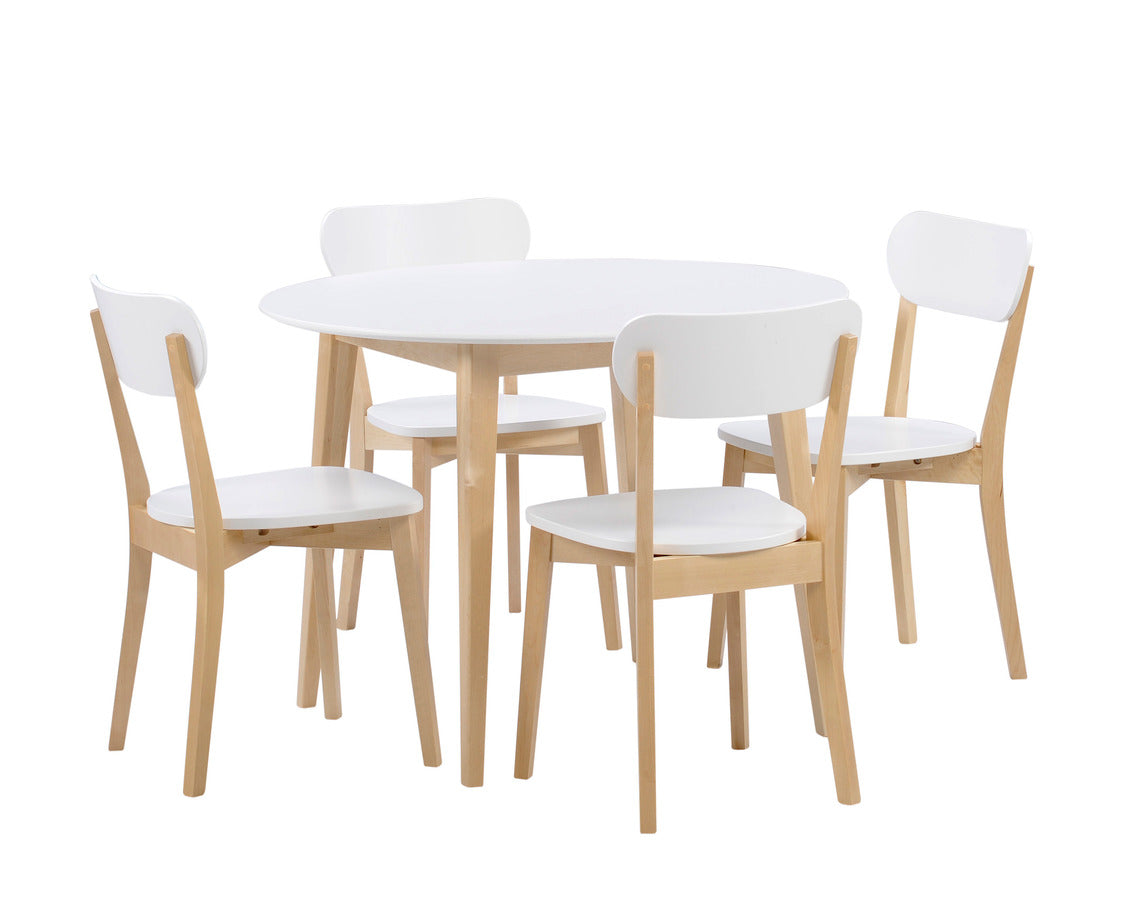Laine-ruokapöytä yhdessä saman malliston tuolien kanssa. Kuvan ryhmän väri on valkoinen/koivu.