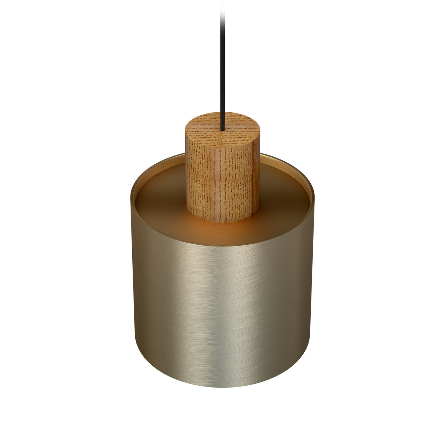 Kuvassa on Log-valaisin Ø 20 cm harjatun messingin värisenä ja ylhäältäpäin kuvattuna. Valaisimen sisäosa on valkoinen ja puuosa tammenväristä puuta.