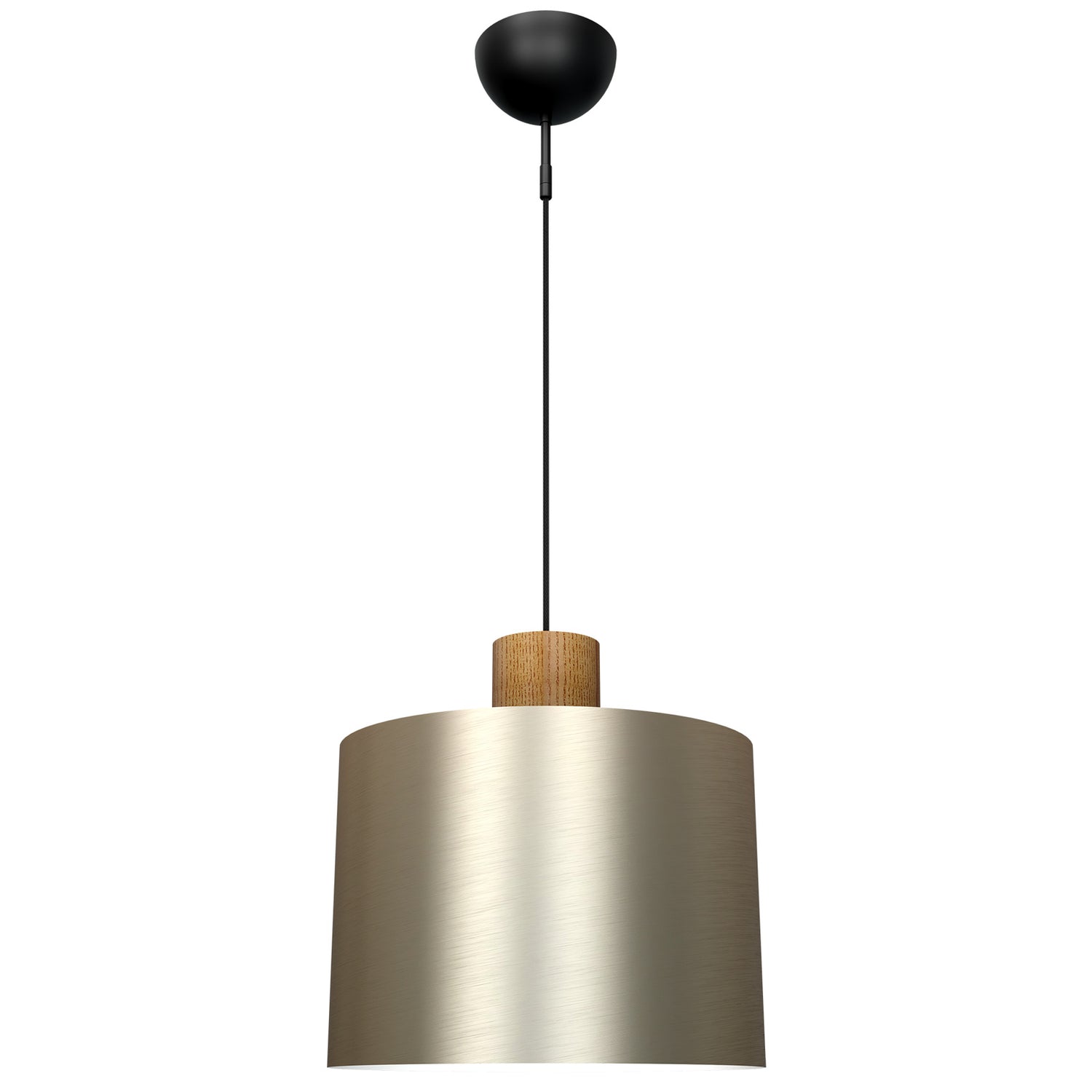 Log-valaisin Ø 30 cm harjatun messingin värisenä, valkoisella sisäosalla ja tammenvärisellä puuosalla.