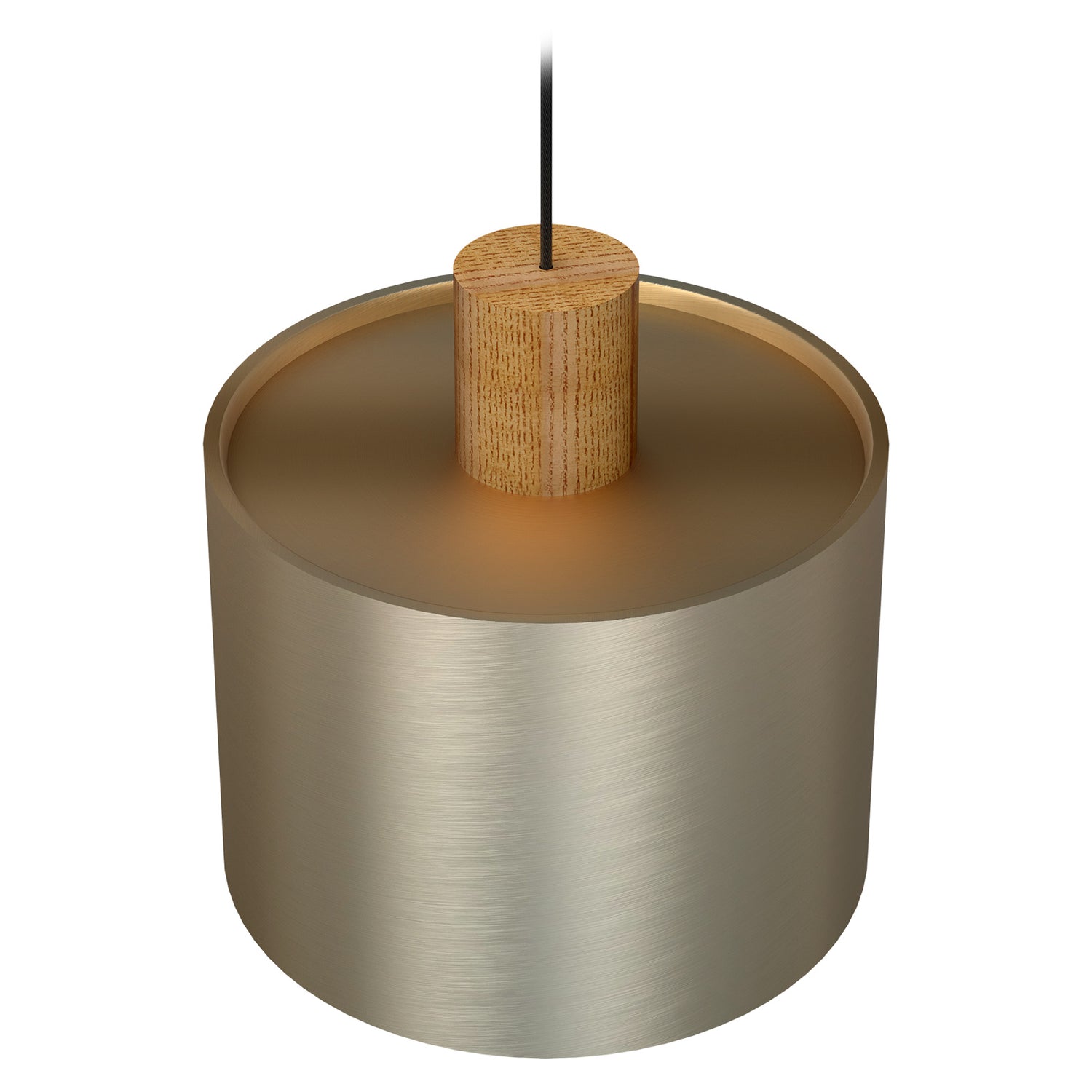 Log-valaisin Ø 30 cm harjatun messingin värisenä ylhäältäpäin kuvattuna. Valaisimen sisäosa on valkoinen ja puuosa tammenvärinen.