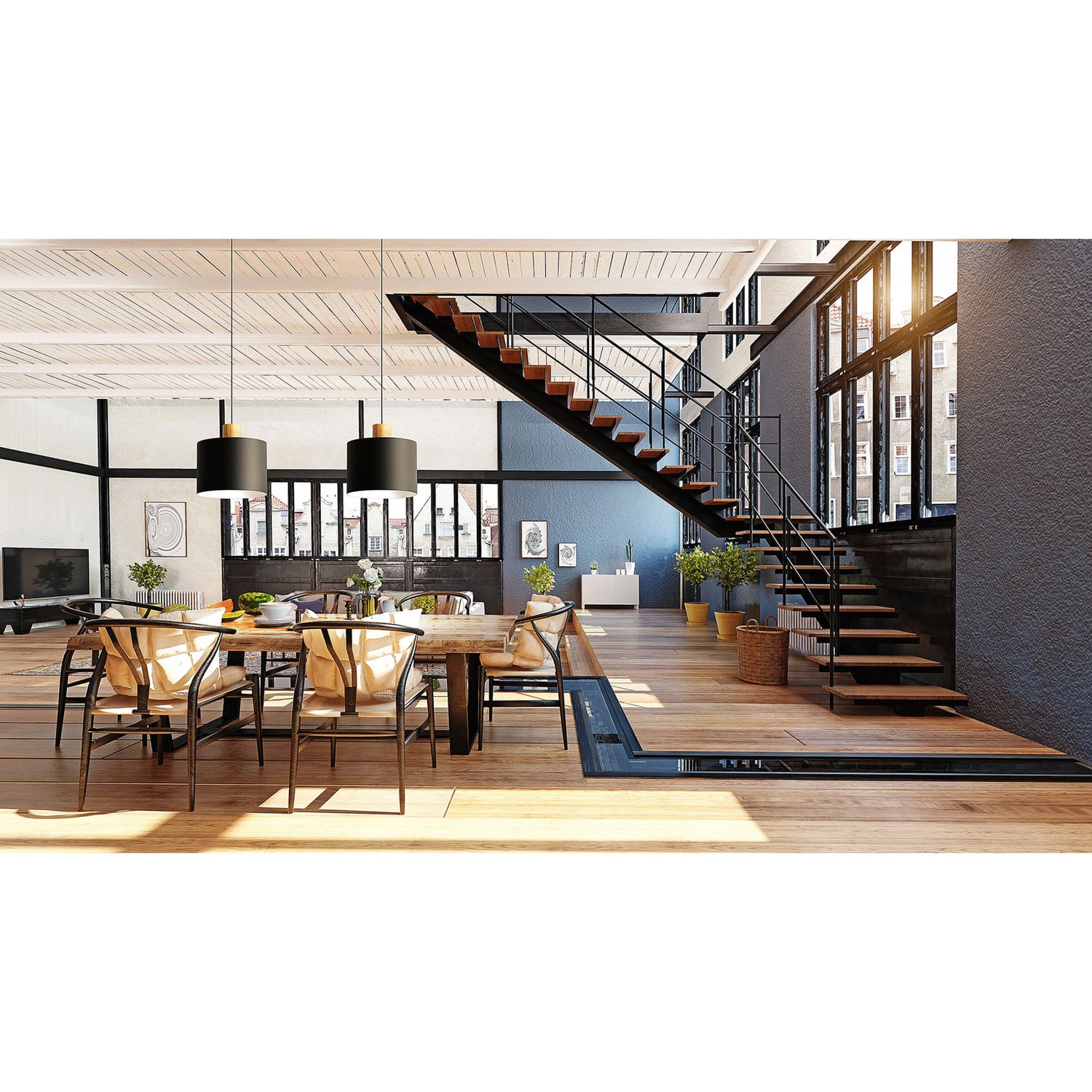 Log on Design by Grönlundin kattovalaisin, jota on saatavana kolmea eri kokoa. Kuvassa on suurimmat Ø 30 cm mustat Log-valaisimet pöytäkokonaisuuden päällä.