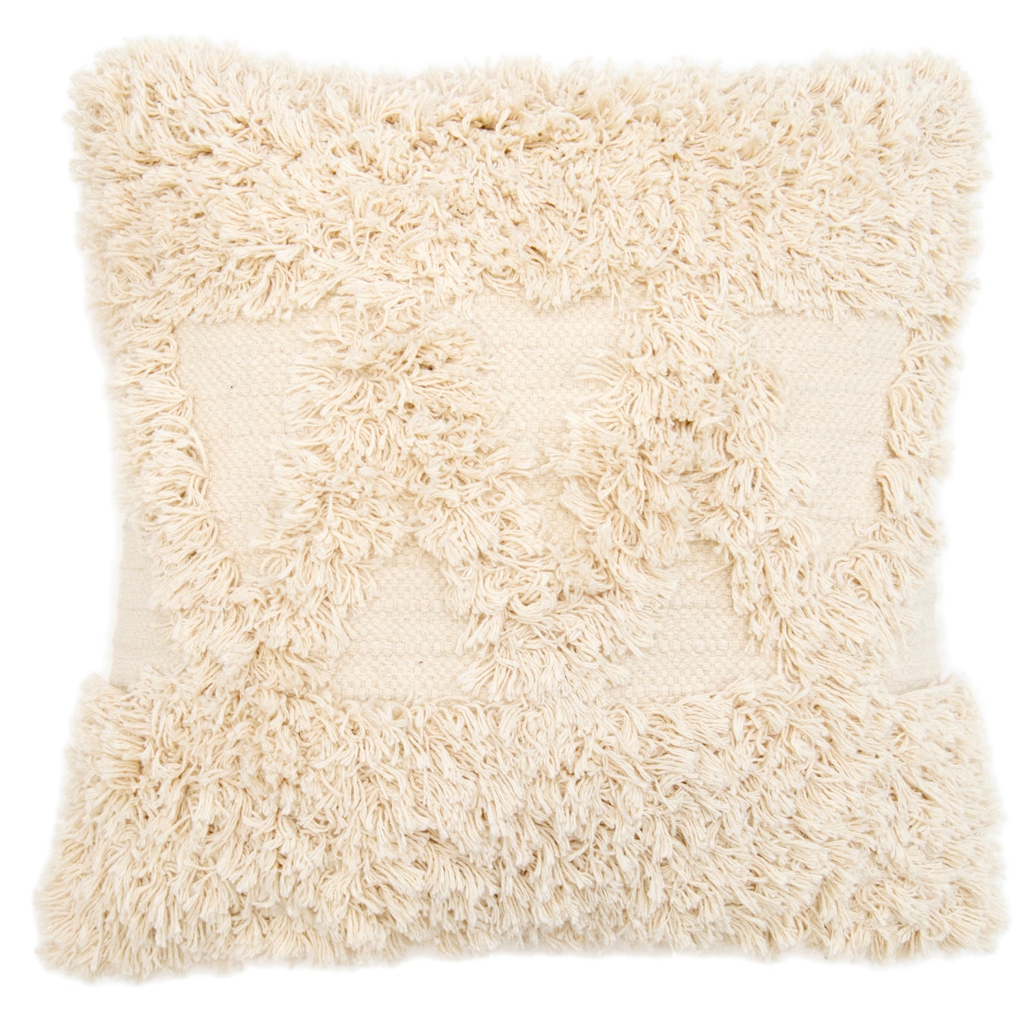 Luonnonvalkoisen Lumo-tyynyn hapsuinen kuosi antaa boheemia ilmettä.