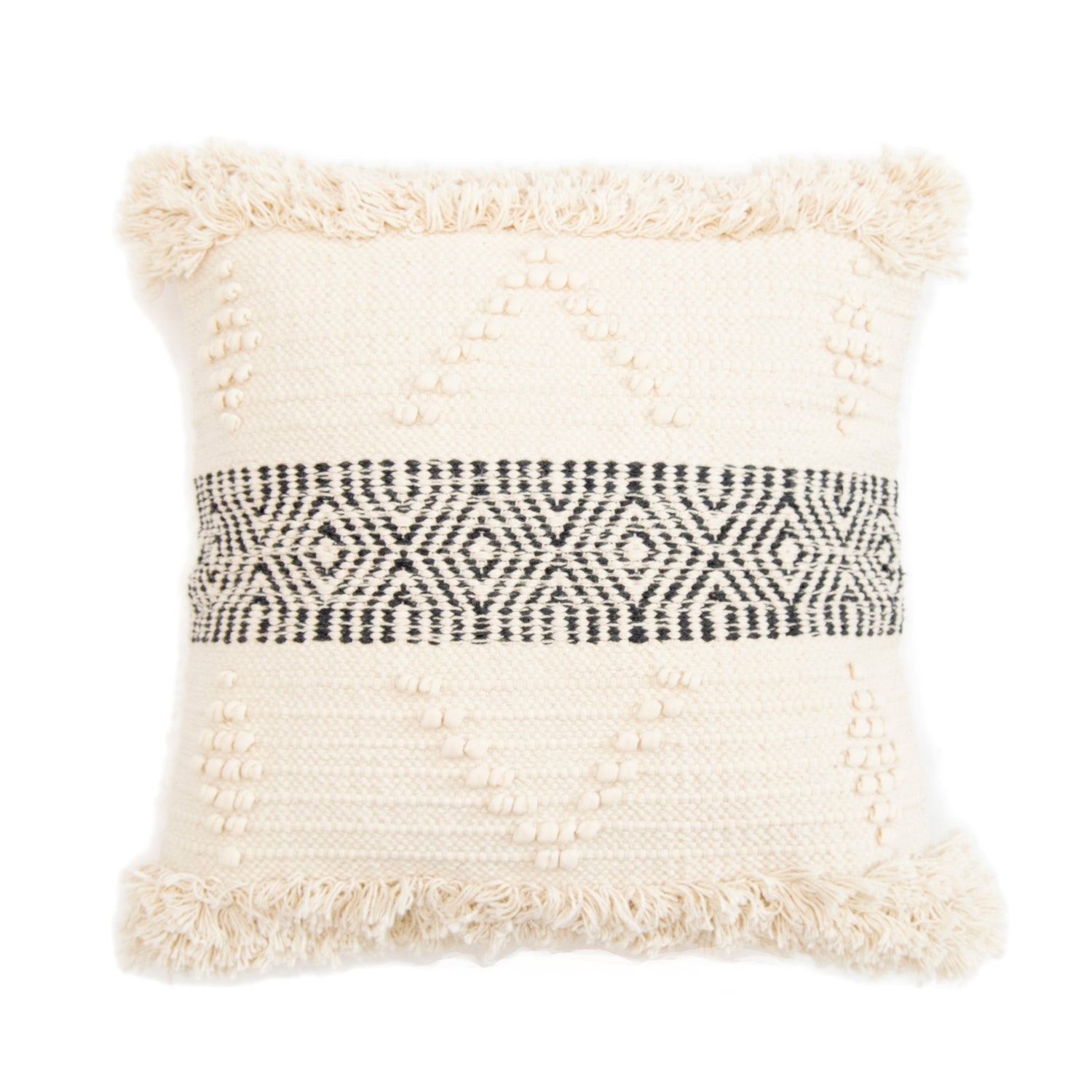 Boheemi luonnonvalkoinen Lumo-koristetyyny leveällä koristeraidalla.
