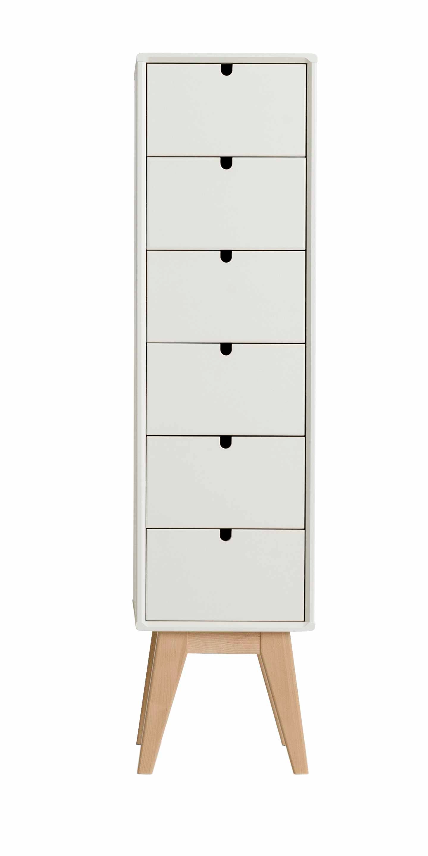 Valkoinen korkea Notte-lipasto maalattua koivua. Notte-malliston jalkasarja on aina koivunvärinen.