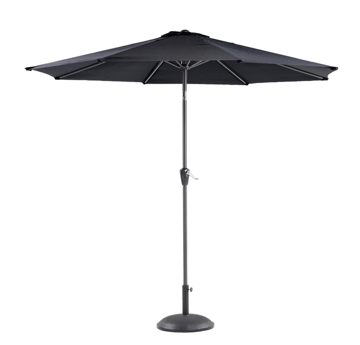 Musta 270 cm aurinkovarjo. Tässä aurinkovarjossa on veivi, joka helpottaa varjon avaamista ja sulkemista. Varjonjalka myydään erikseen.