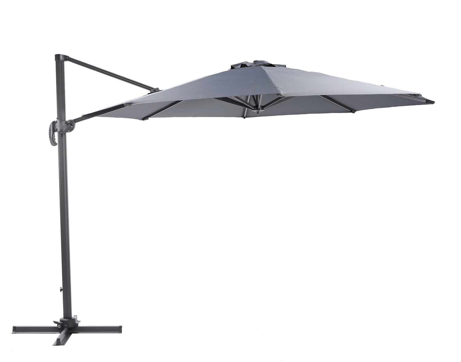 Suuri 330 cm sivuvarjo harmaana. Varjossa on veivi, kallistusmekanismi ja se kääntyy 360 astetta.